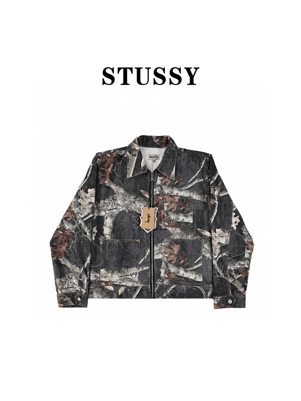 斯图西Stussy 假日系列 黑色枫叶FW23 ZIP WORK JACKET REALTREE EDGE 满印拉链工装夹克外套