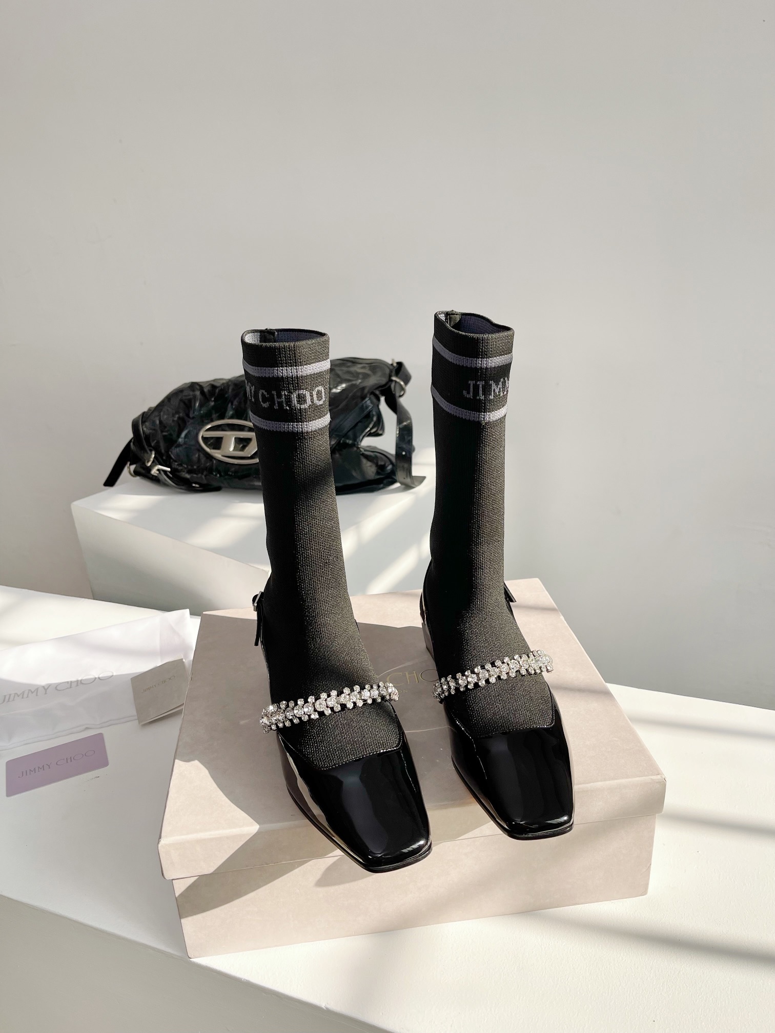 New Jimmy Choo Sock-Deep Boots by Zhou Zhi Jie in Black and White, Sizes 35-40