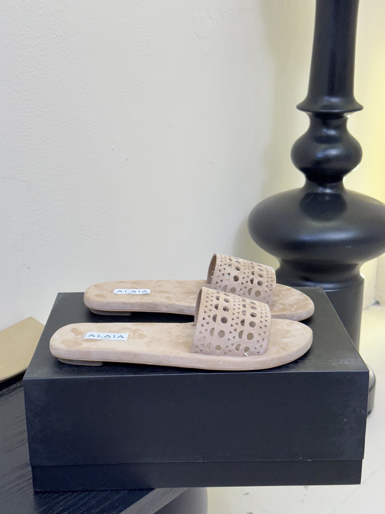 ALAIA Beige Leather Laser-Cut Flat Sandals Slides, Comfortable and Stylish 5 i1742380842 226 1