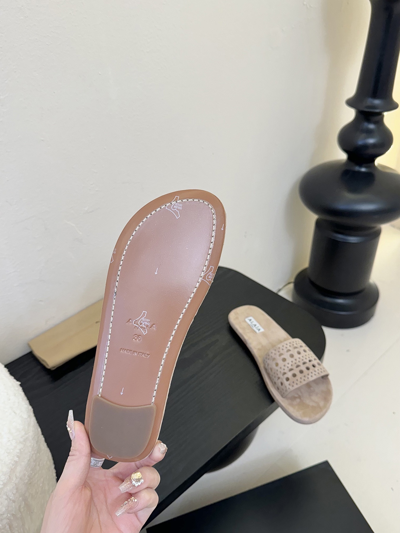 ALAIA Beige Leather Laser-Cut Flat Sandals Slides, Comfortable and Stylish 10 i1742380843 131 3
