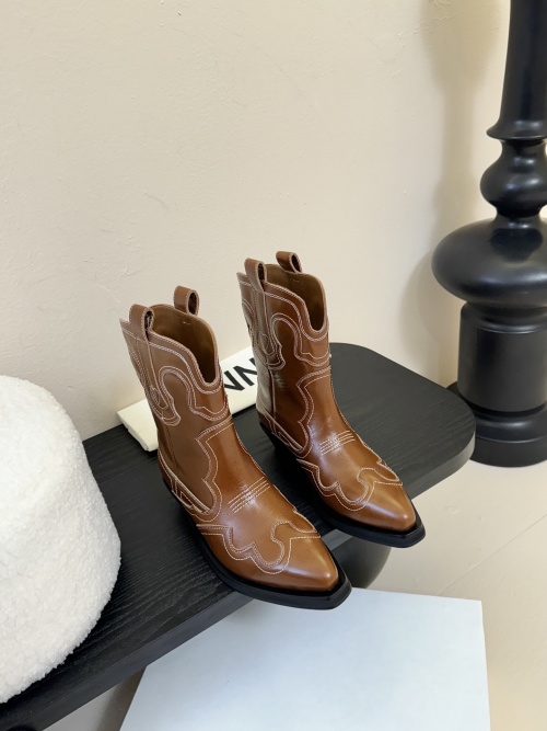 GANNI Western Brown Leather Cowboy Boots with Embroidery Stitching Detail 1 GANNI Western Brown Leather Cowboy Boots with Embroidery Stitching Detail