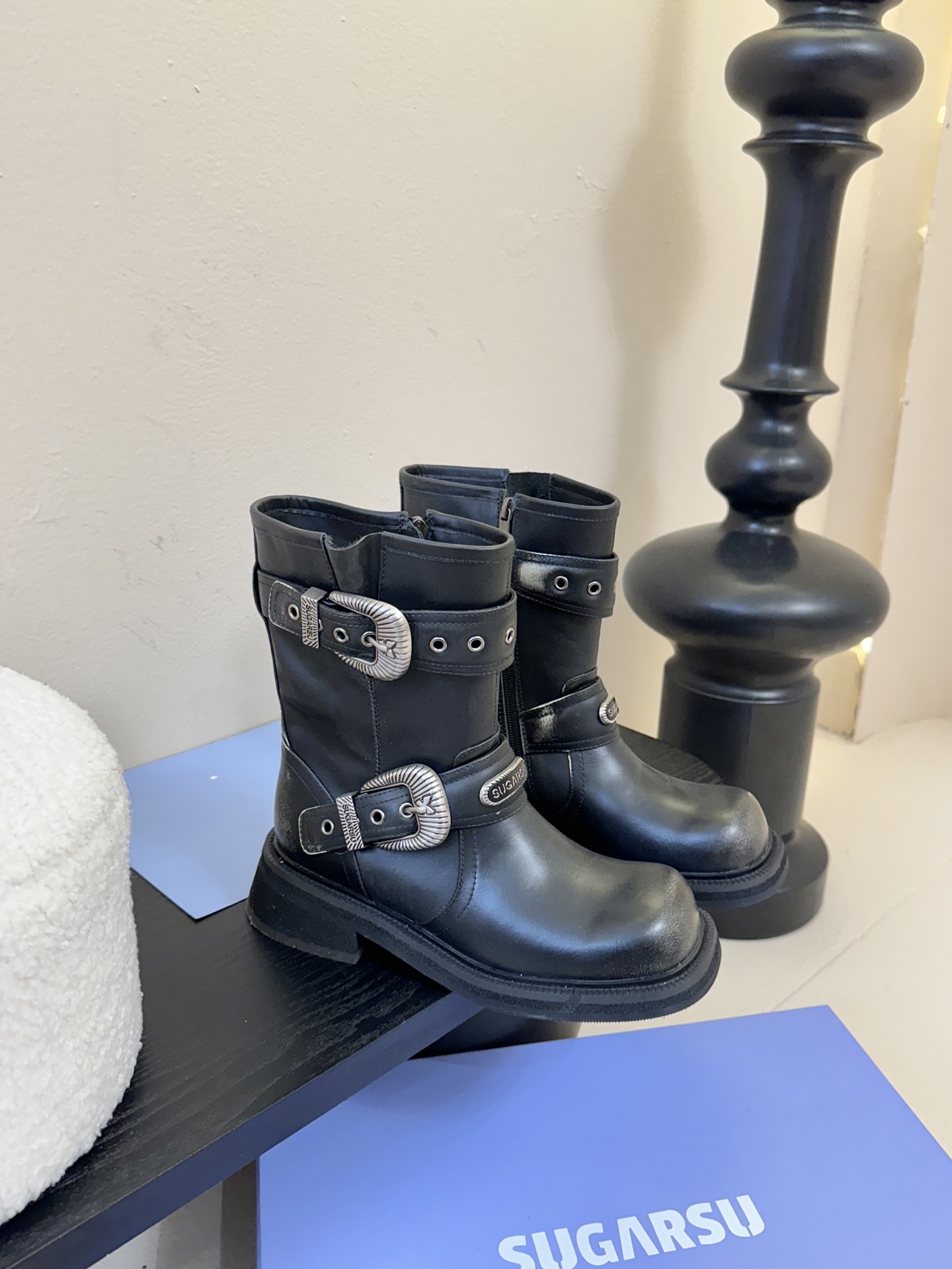 Sugarsu Women's Leather Mid-Calf Motorcycle Boots with Buckle Accents