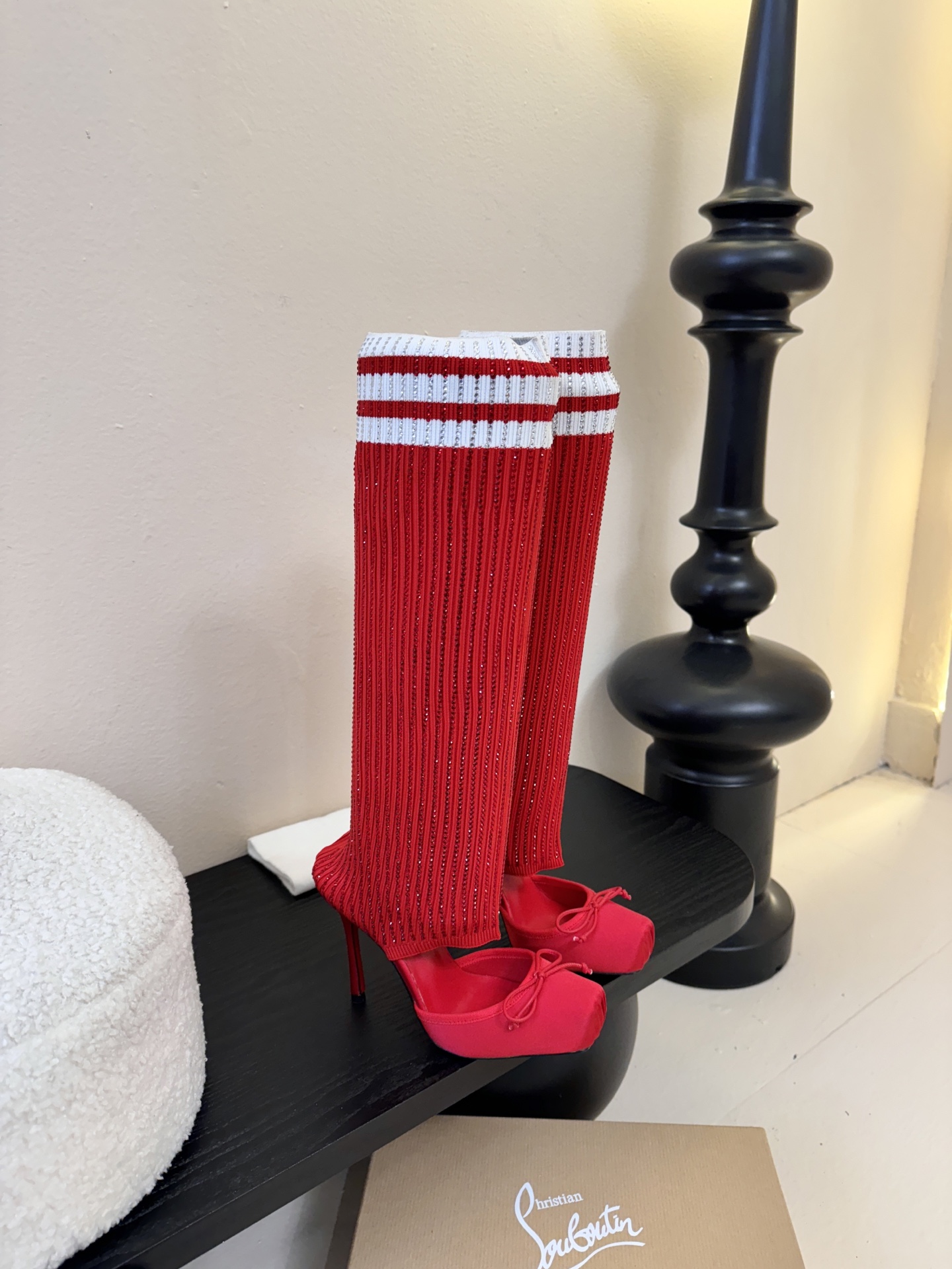 Christian Loubotti CL红底鞋F030 2026ss新款蝴蝶结仙女风高跟鞋毛线筒袜子靴