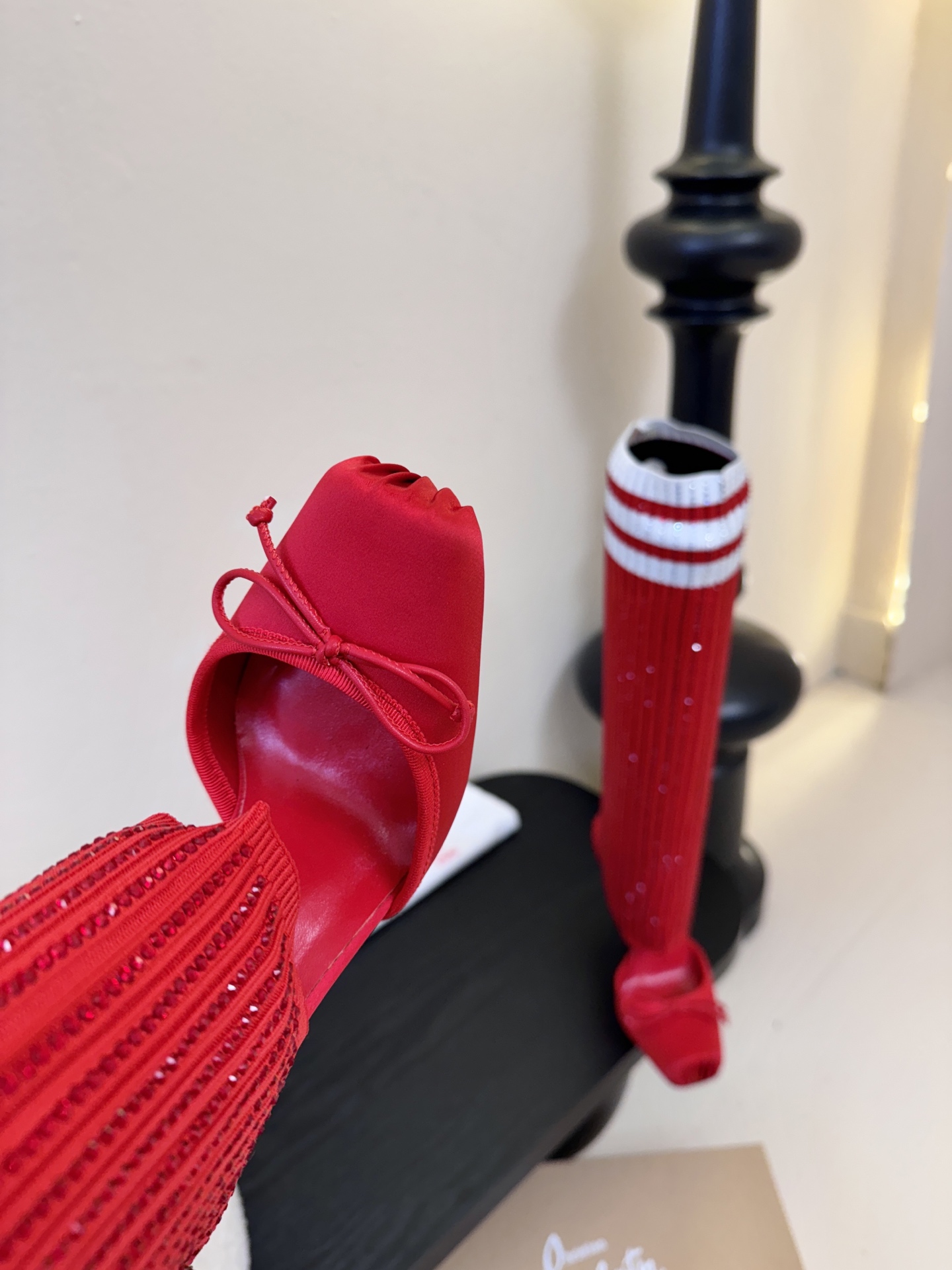 Christian Loubotti CL红底鞋F030 2026ss新款蝴蝶结仙女风高跟鞋毛线筒袜子靴