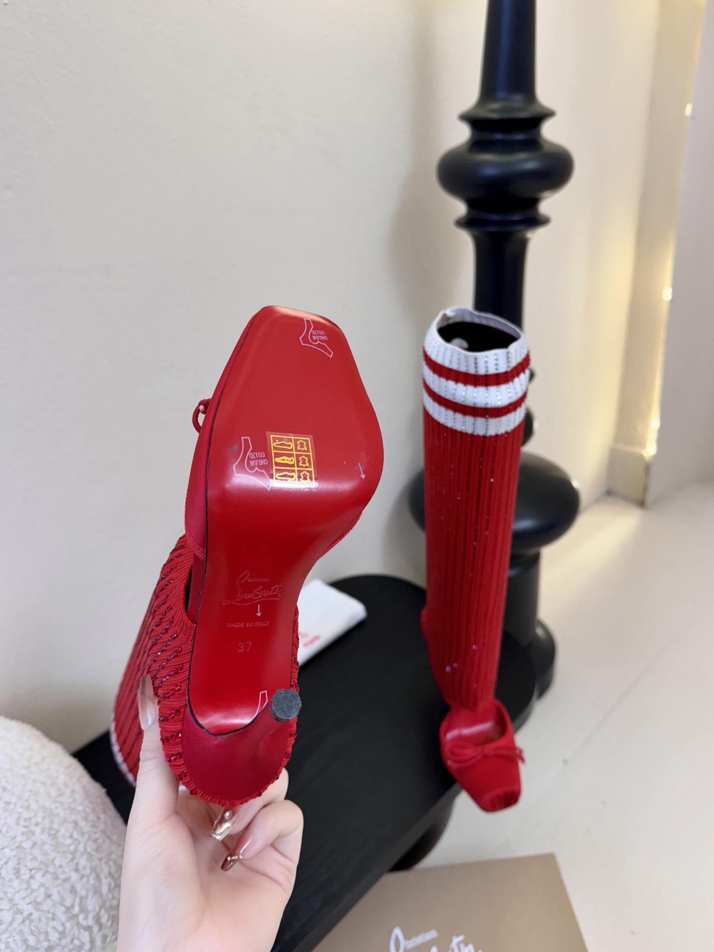 Christian Loubotti CL红底鞋F030 2026ss新款蝴蝶结仙女风高跟鞋毛线筒袜子靴