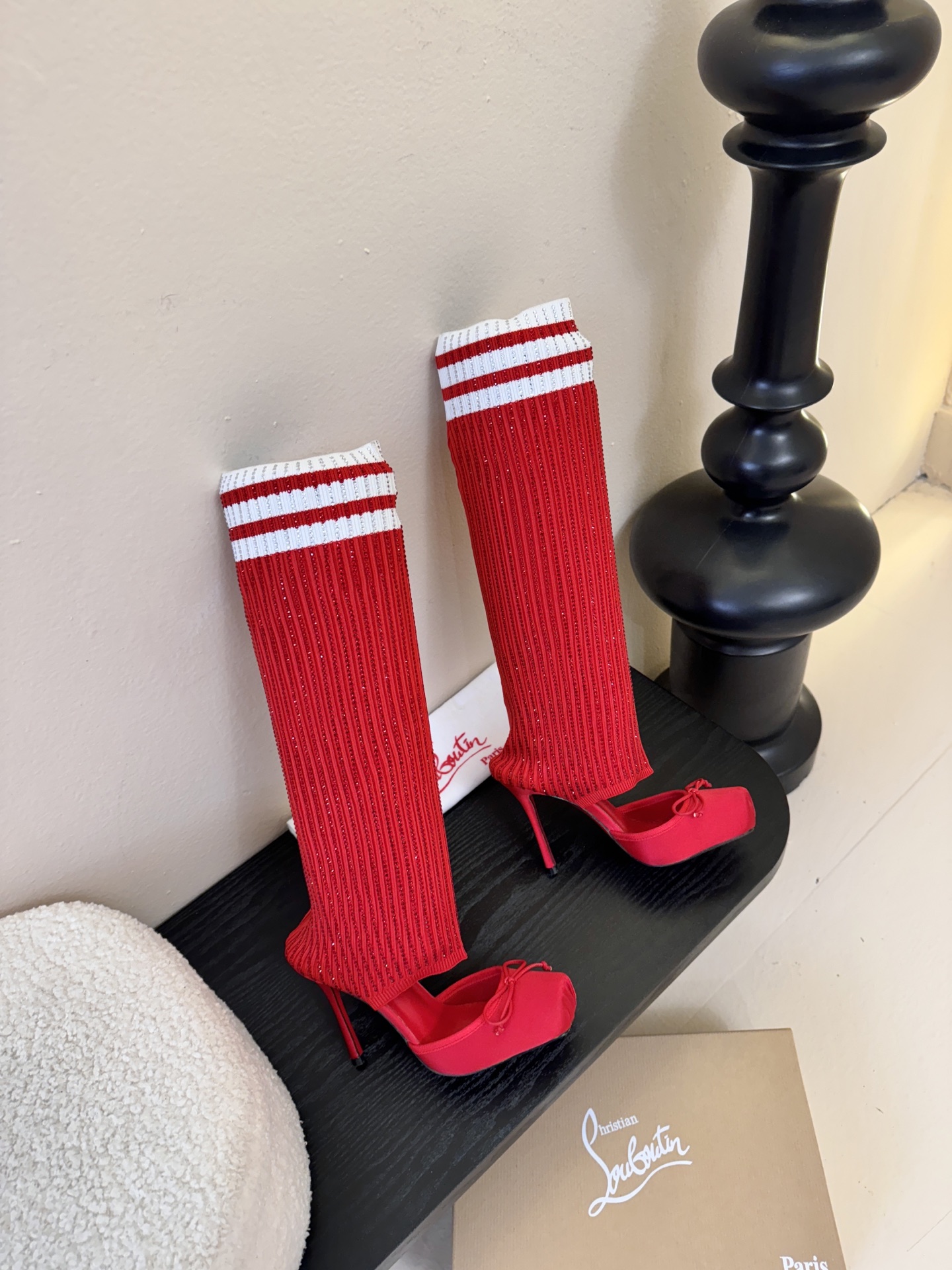 Christian Loubotti CL红底鞋F030 2026ss新款蝴蝶结仙女风高跟鞋毛线筒袜子靴