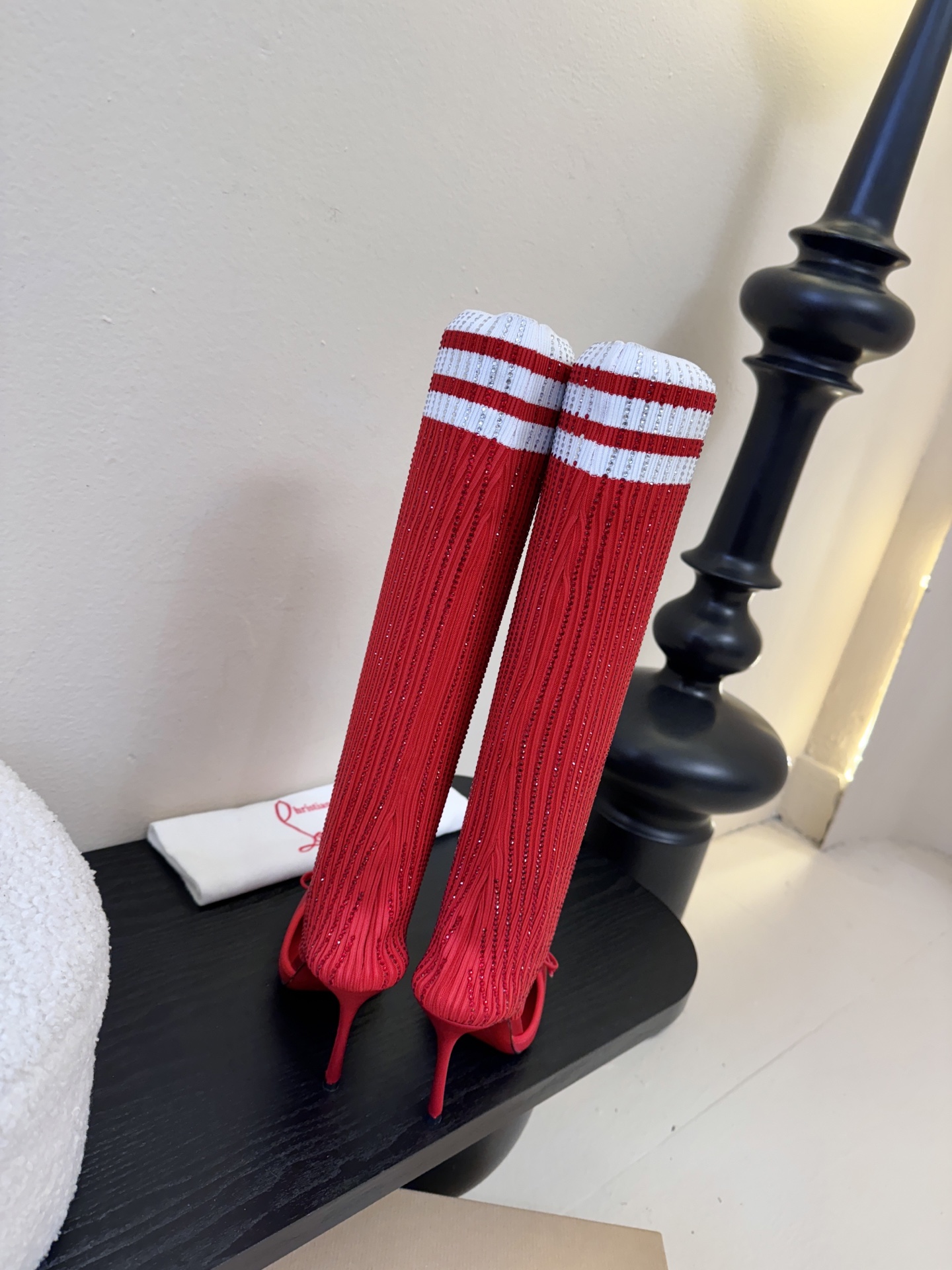 Christian Loubotti CL红底鞋F030 2026ss新款蝴蝶结仙女风高跟鞋毛线筒袜子靴