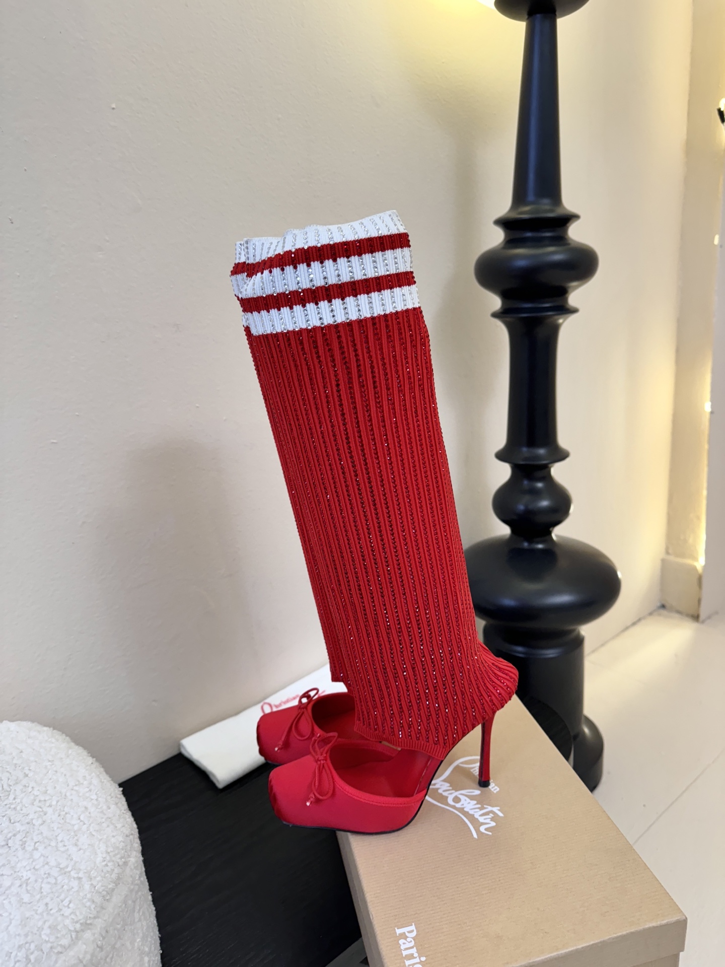 Christian Loubotti CL红底鞋F030 2026ss新款蝴蝶结仙女风高跟鞋毛线筒袜子靴