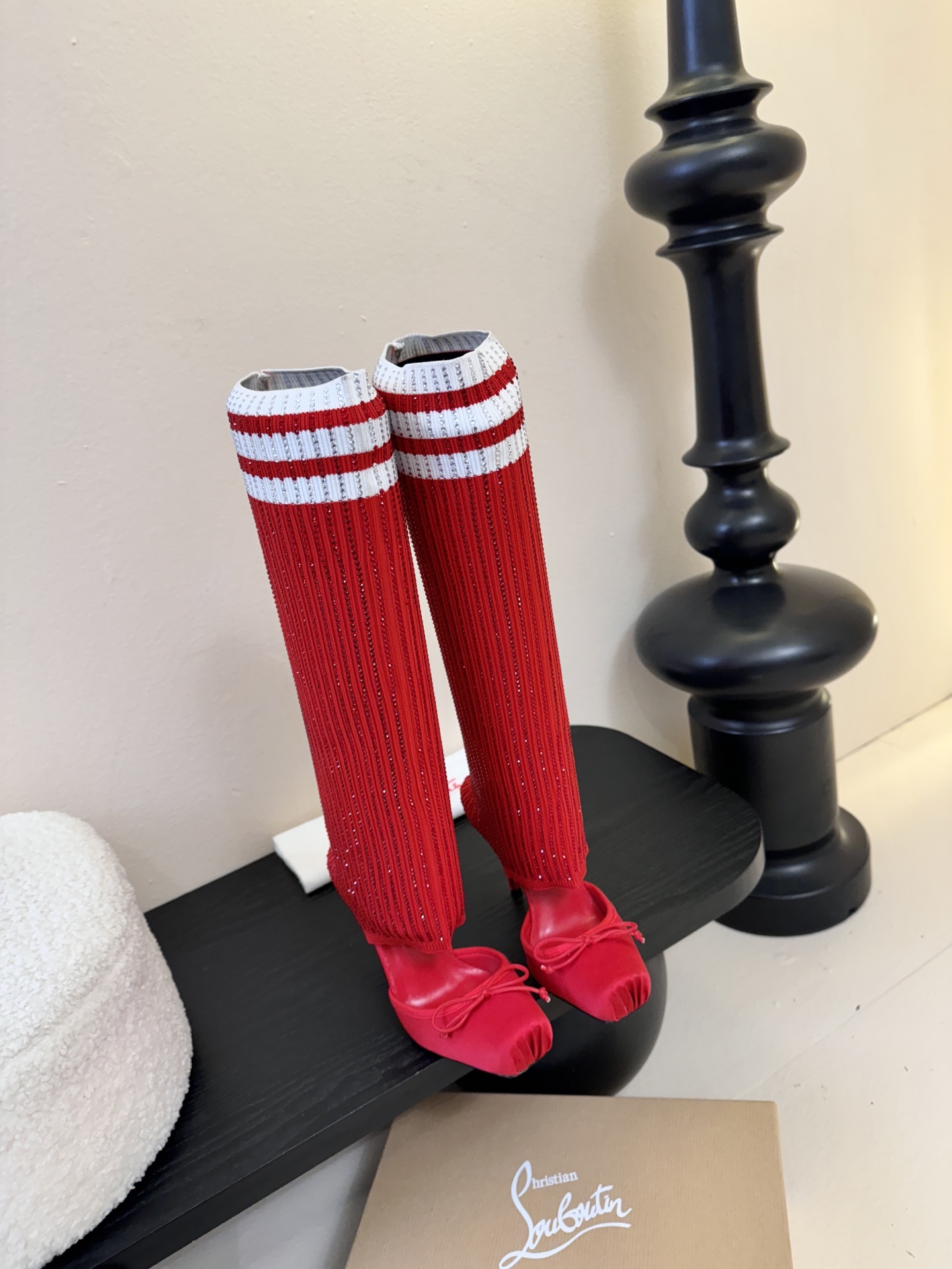 Christian Loubotti CL红底鞋F030 2026ss新款蝴蝶结仙女风高跟鞋毛线筒袜子靴