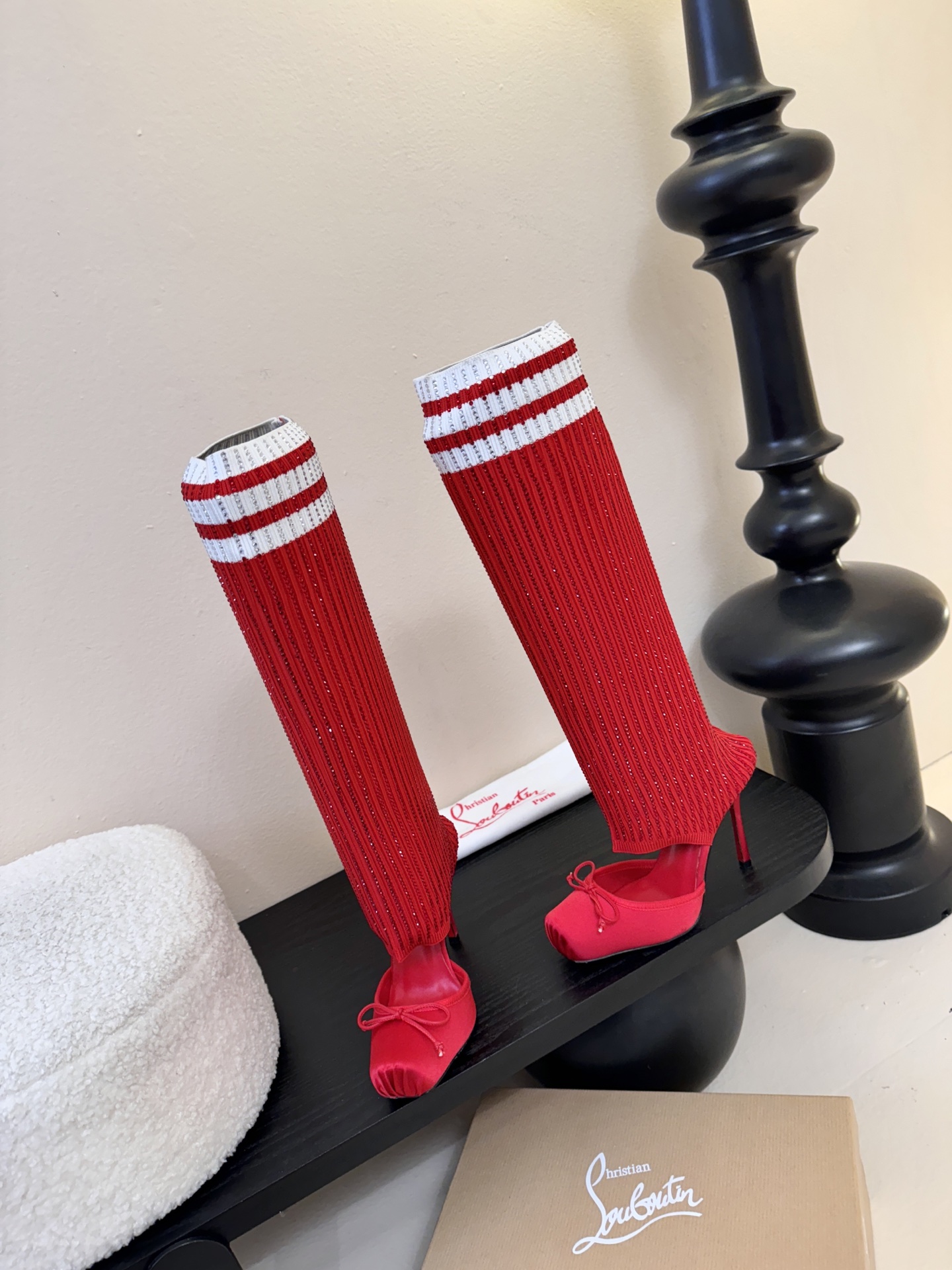 Christian Loubotti CL红底鞋F030 2026ss新款蝴蝶结仙女风高跟鞋毛线筒袜子靴