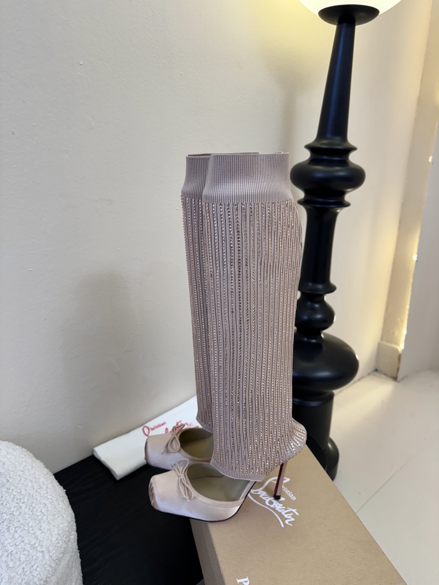 Christian Loubotti CL红底鞋F030 2026ss新款蝴蝶结仙女风高跟鞋毛线筒袜子靴