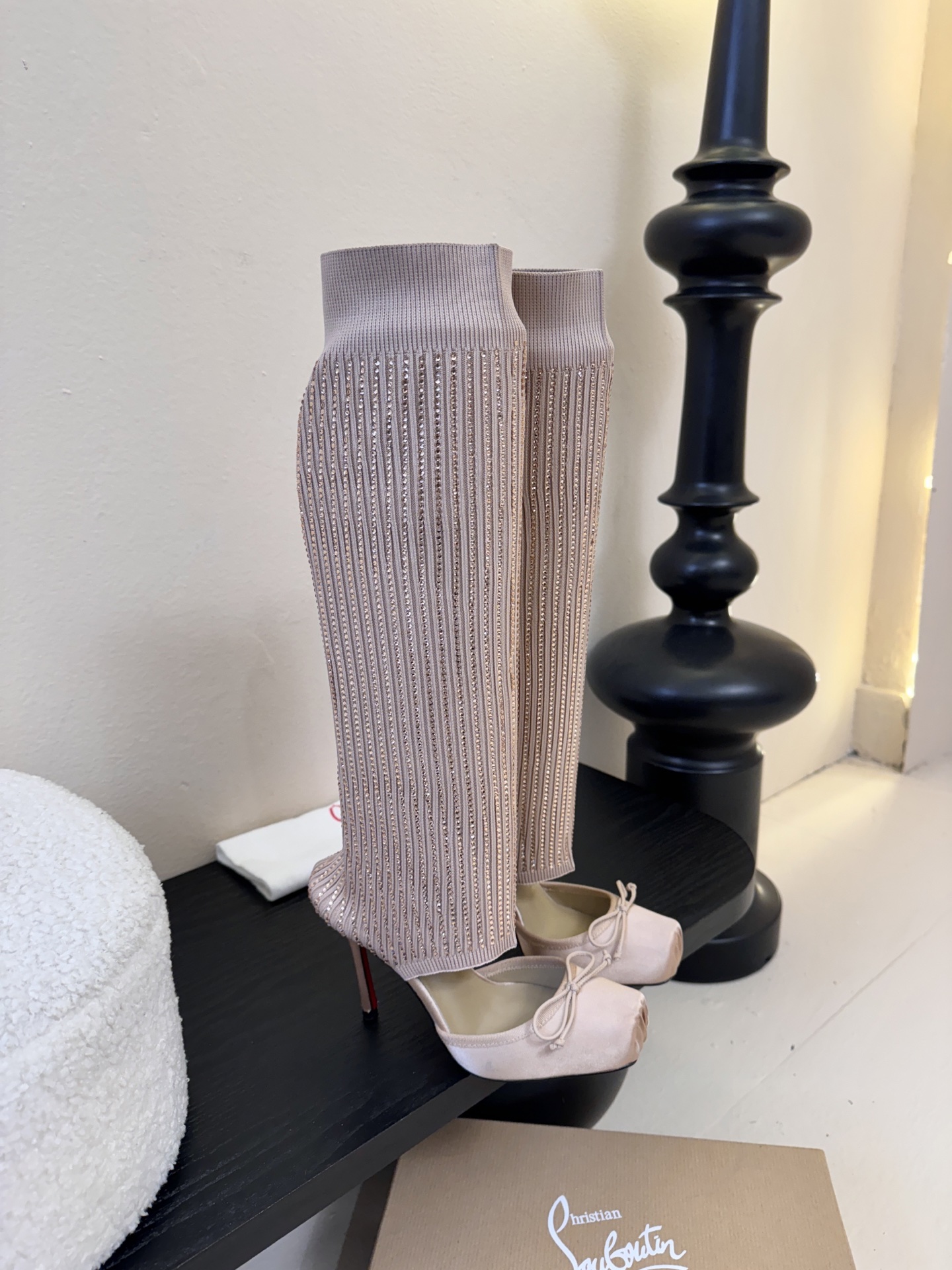 Christian Loubotti CL红底鞋F030 2026ss新款蝴蝶结仙女风高跟鞋毛线筒袜子靴