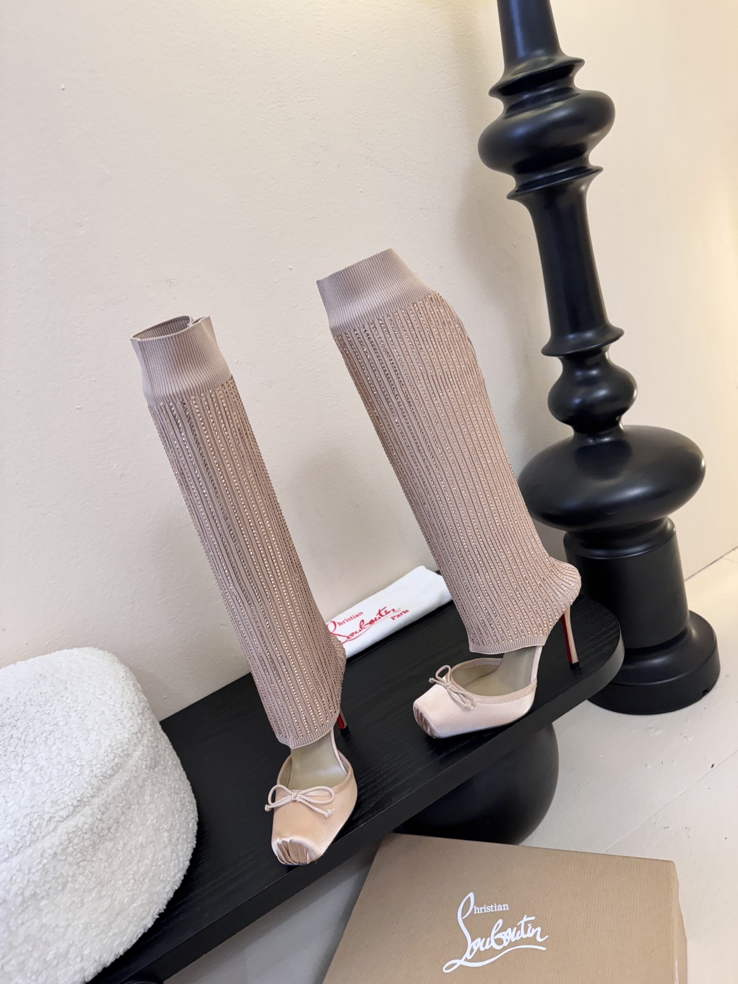 Christian Loubotti CL红底鞋F030 2026ss新款蝴蝶结仙女风高跟鞋毛线筒袜子靴