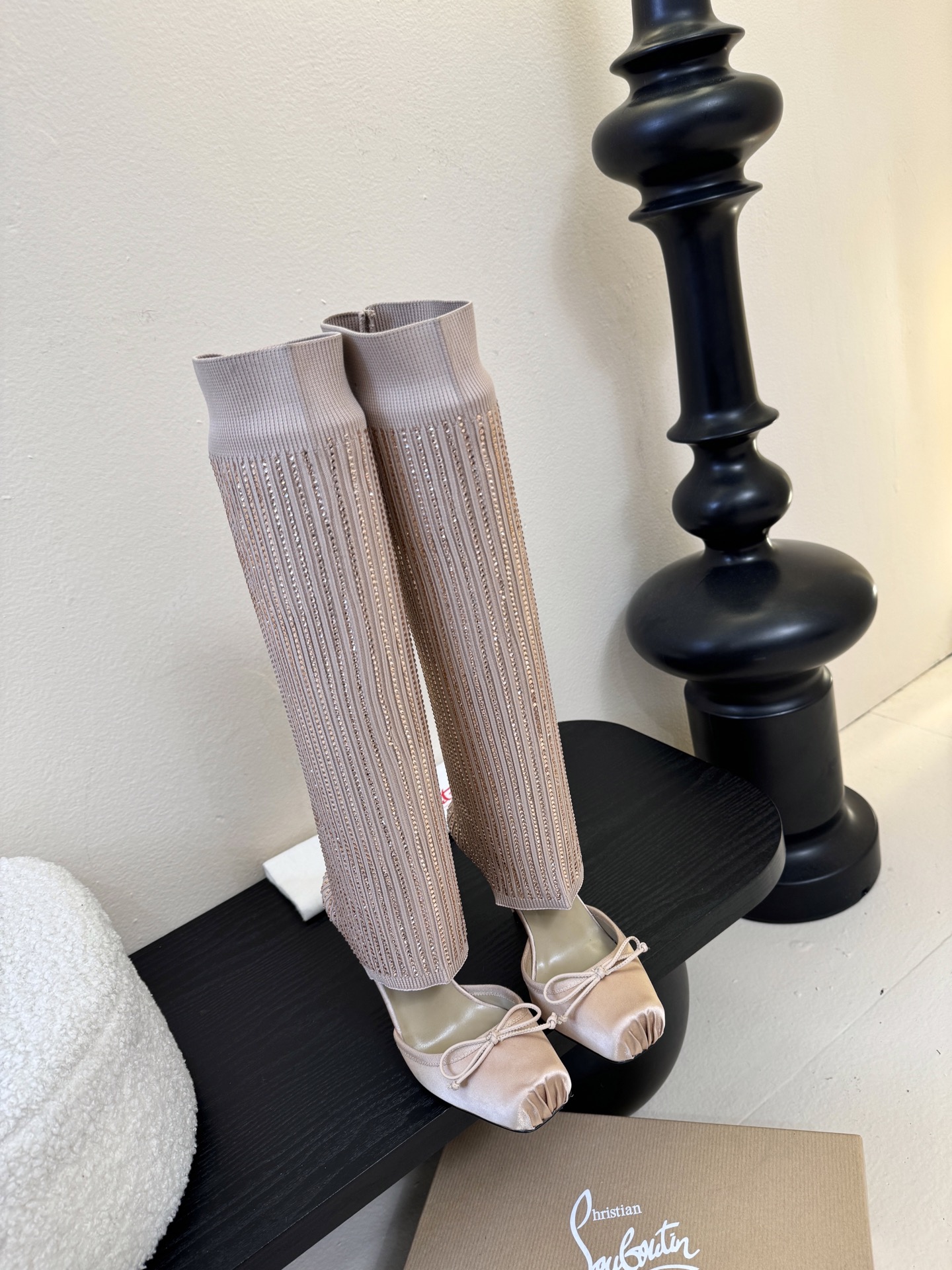 Christian Loubotti CL红底鞋F030 2026ss新款蝴蝶结仙女风高跟鞋毛线筒袜子靴