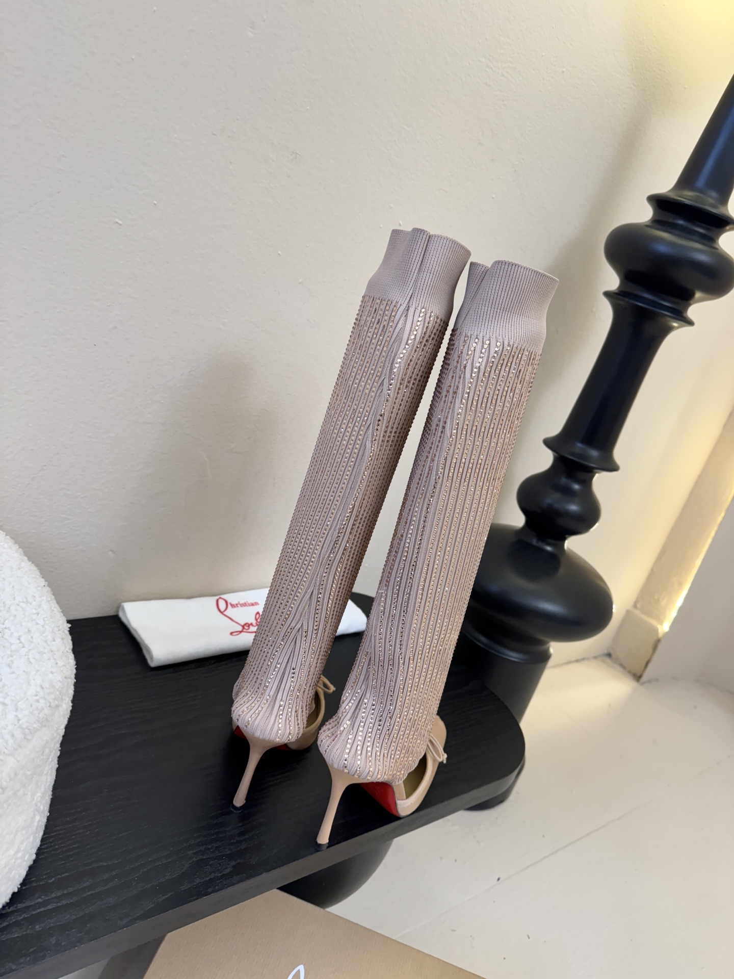 Christian Loubotti CL红底鞋F030 2026ss新款蝴蝶结仙女风高跟鞋毛线筒袜子靴