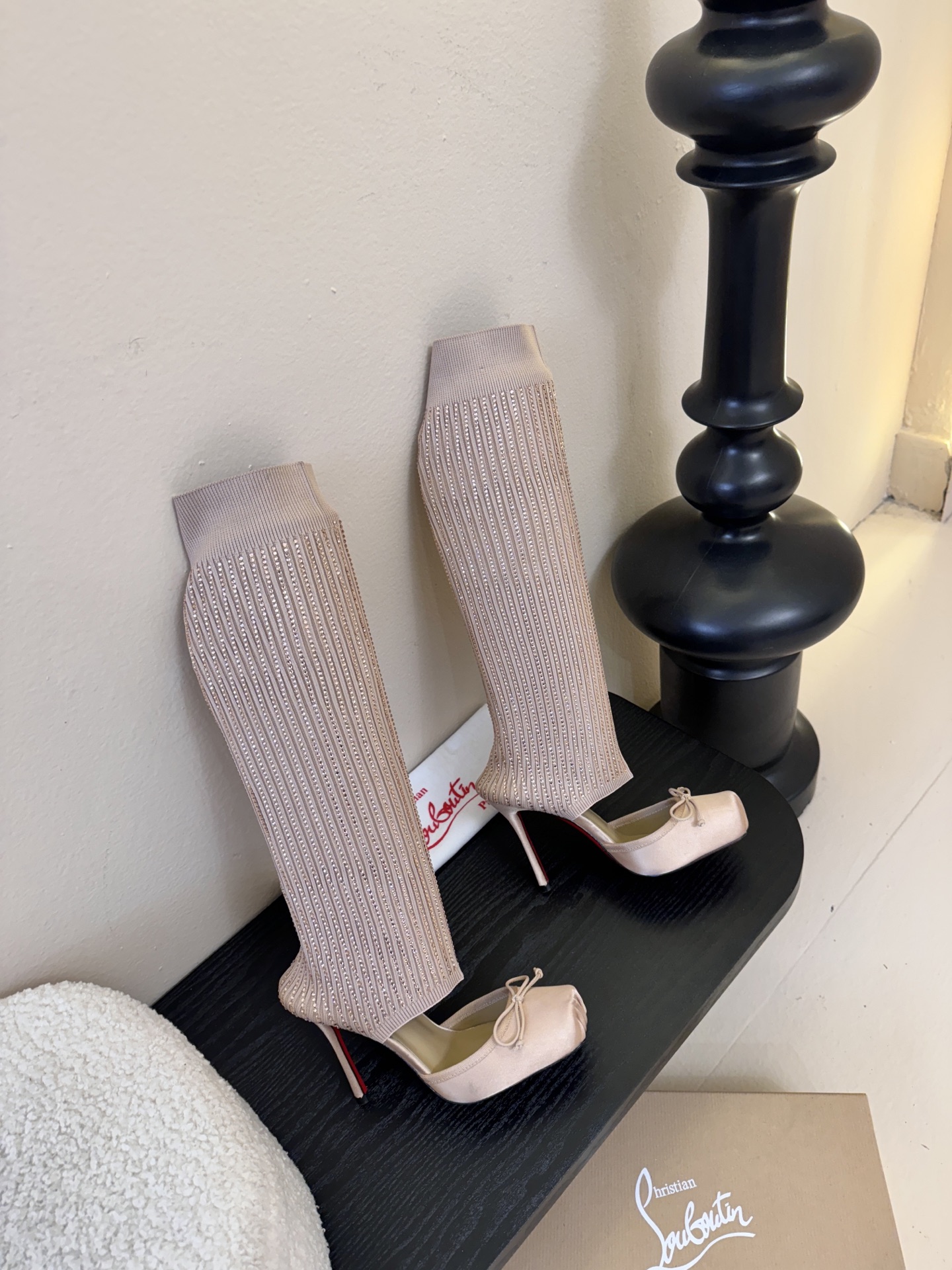 Christian Loubotti CL红底鞋F030 2026ss新款蝴蝶结仙女风高跟鞋毛线筒袜子靴