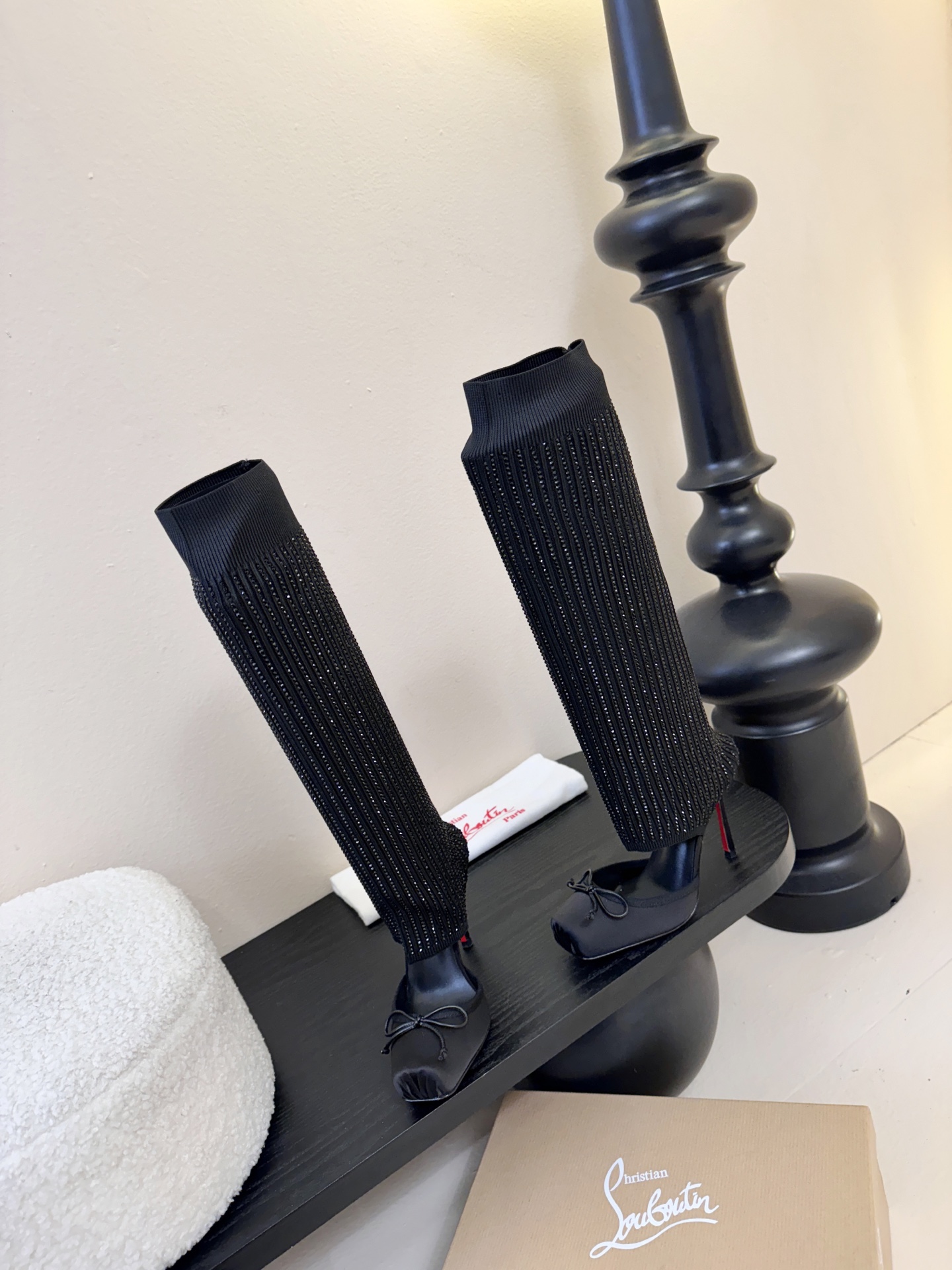 Christian Loubotti CL红底鞋F030 2026ss新款蝴蝶结仙女风高跟鞋毛线筒袜子靴