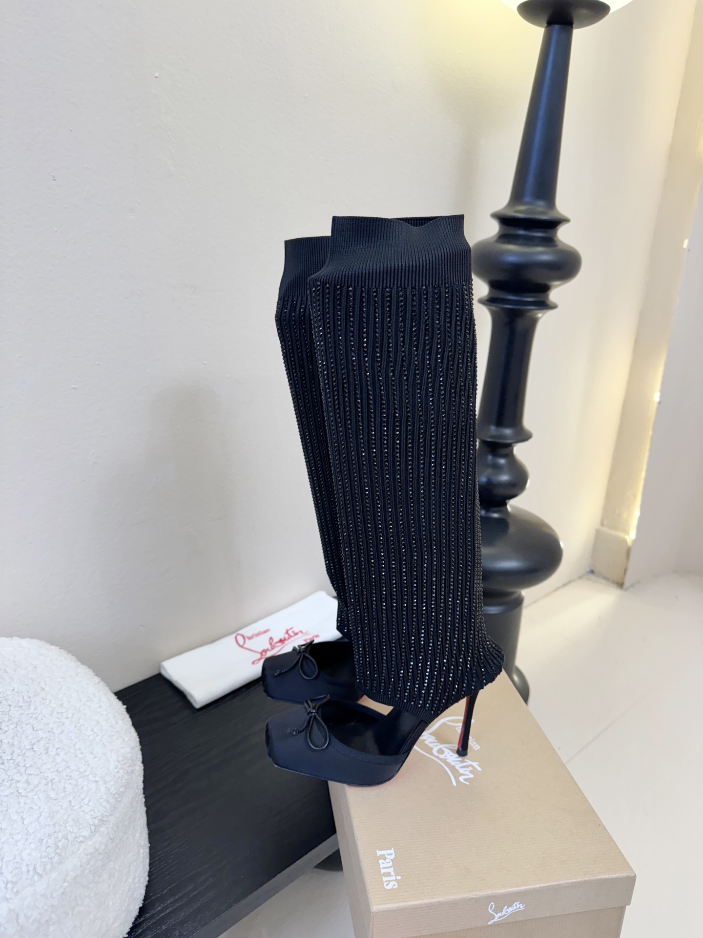 Christian Loubotti CL红底鞋F030 2026ss新款蝴蝶结仙女风高跟鞋毛线筒袜子靴