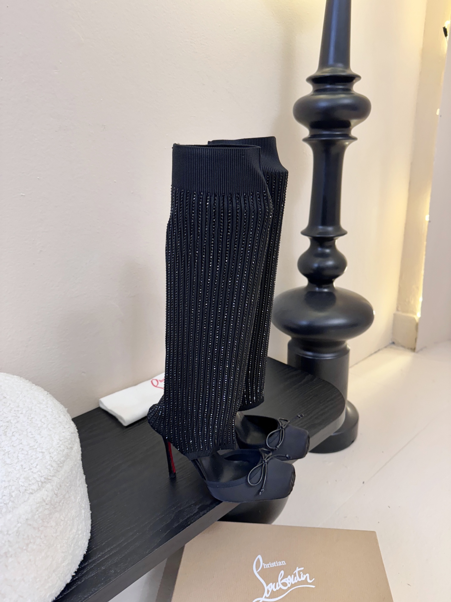 Christian Loubotti CL红底鞋F030 2026ss新款蝴蝶结仙女风高跟鞋毛线筒袜子靴