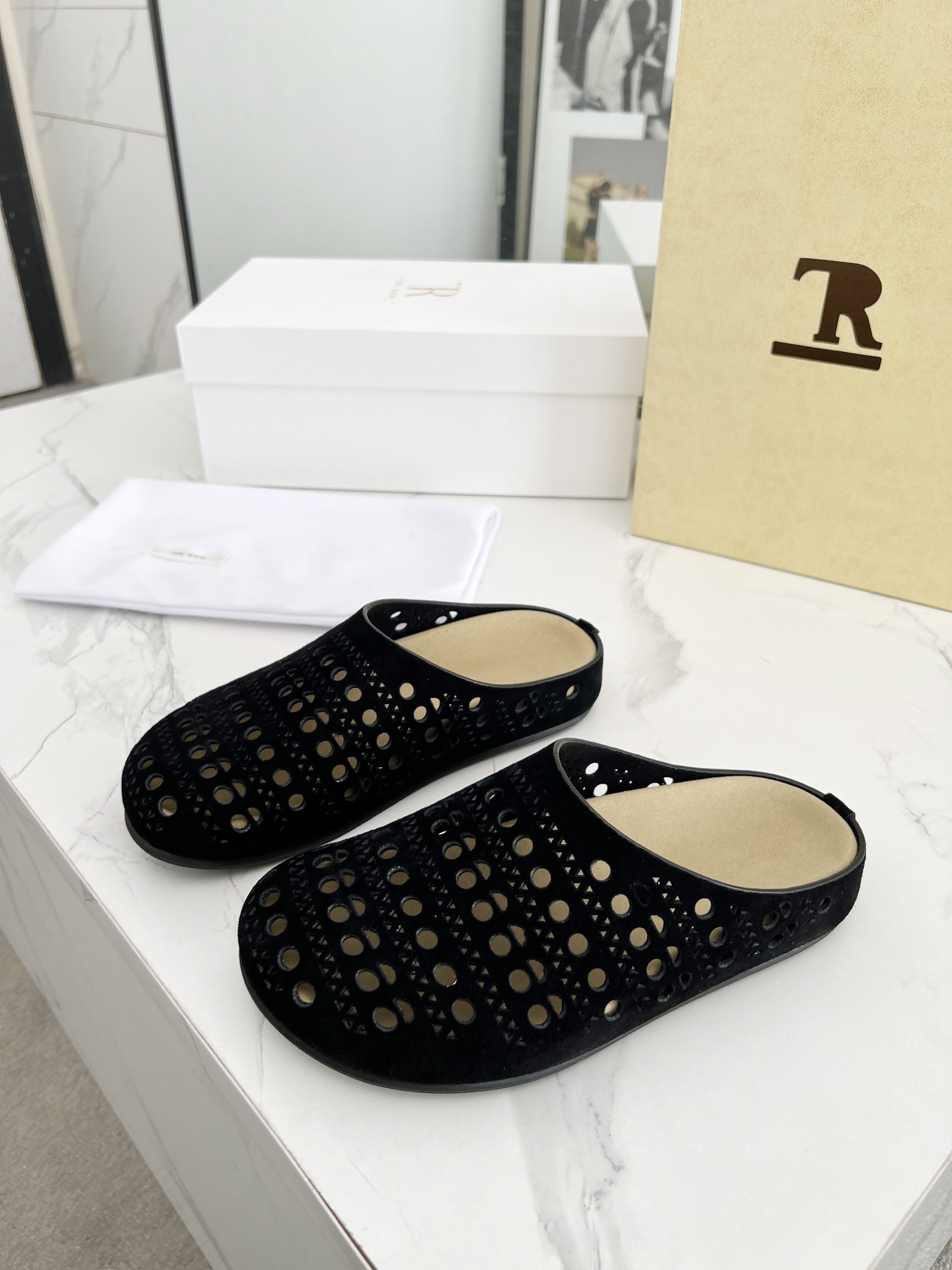 The Row Black Suede Cutout Mules Trendy Thick Sole Slip-Ons 1 The Row Black Suede Cutout Mules Trendy Thick Sole Slip-Ons