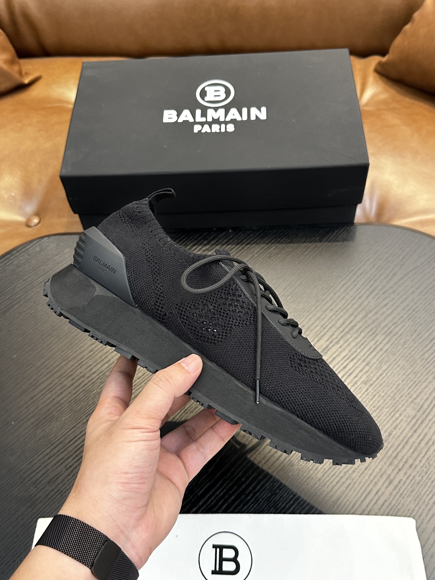 NO:276563,Balmain Racer low-top knitted sneakers high-density knitted fabric with cowhide handcraft, rear lifting ring, front lace-up, logo insole, rubber thick sole. Size 39-44, (customized for 45, 46), ,balmain, sneakers, cowhide19860909Balmain Racer 低帮针织运动鞋 高密度针织面料搭配牛皮手工工艺、后置提鞋环,正面系带,logo鞋垫、橡胶厚底. 码数39-44,（45、46定做）,,balmain,sneakers,cowhide,Men's shoes