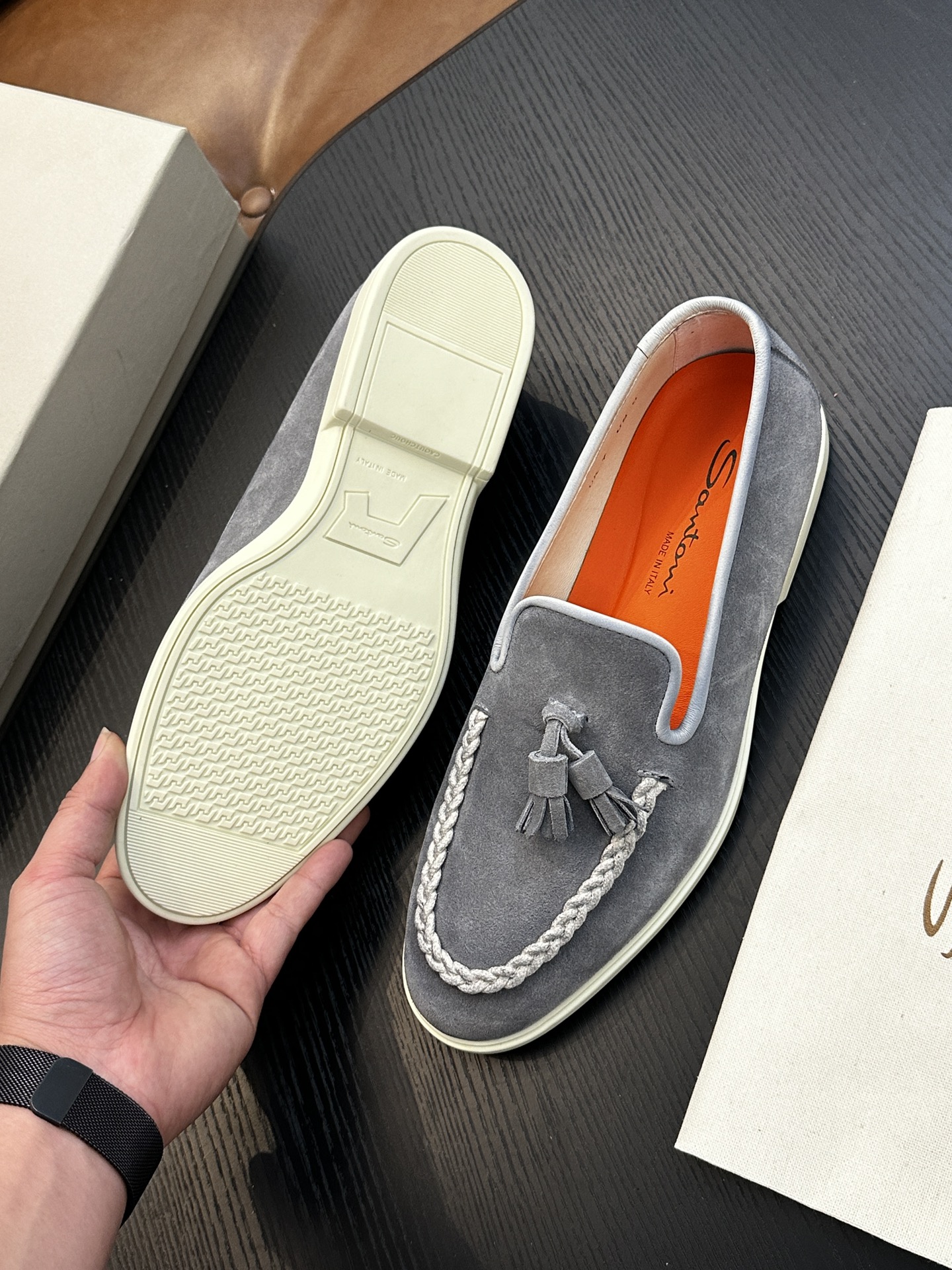 Santoni Men's Gray Suede Tassel Loafers - Italian Handmade Casual Shoes 10 i1734274539 3207 0