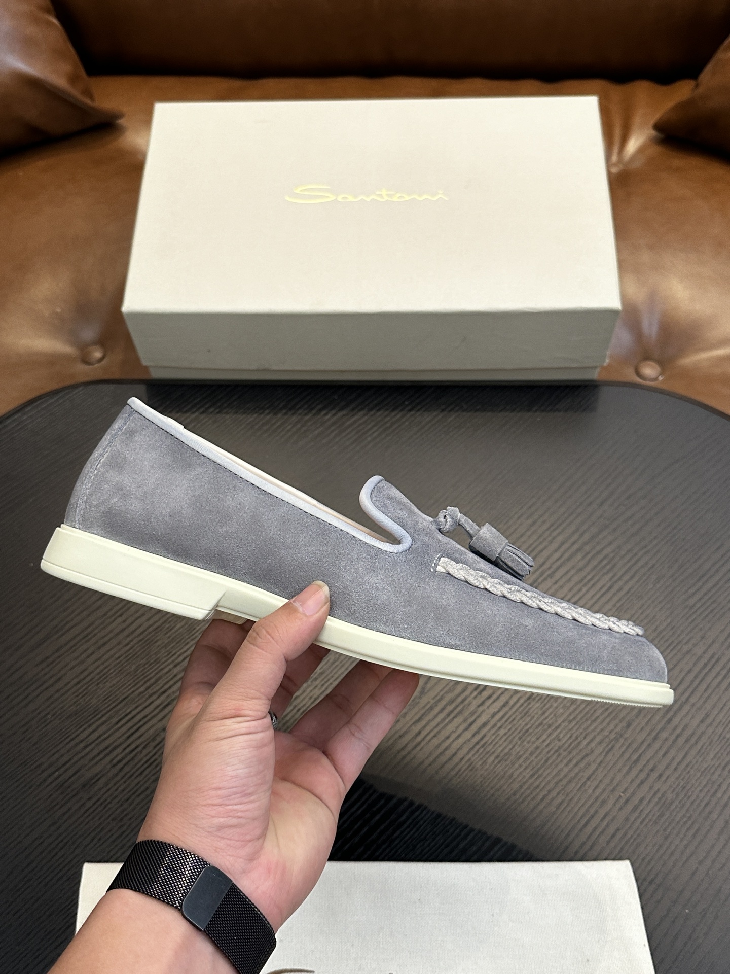 Santoni Men's Gray Suede Tassel Loafers - Italian Handmade Casual Shoes 1 Santoni Men's Gray Suede Tassel Loafers - Italian Handmade Casual Shoes