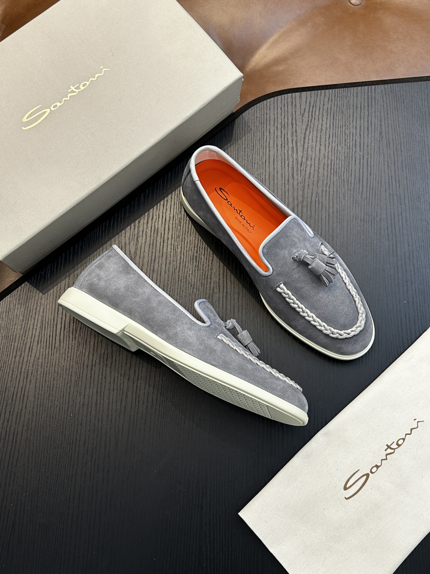 Santoni Men's Gray Suede Tassel Loafers - Italian Handmade Casual Shoes 5 i1734274539 9764 0