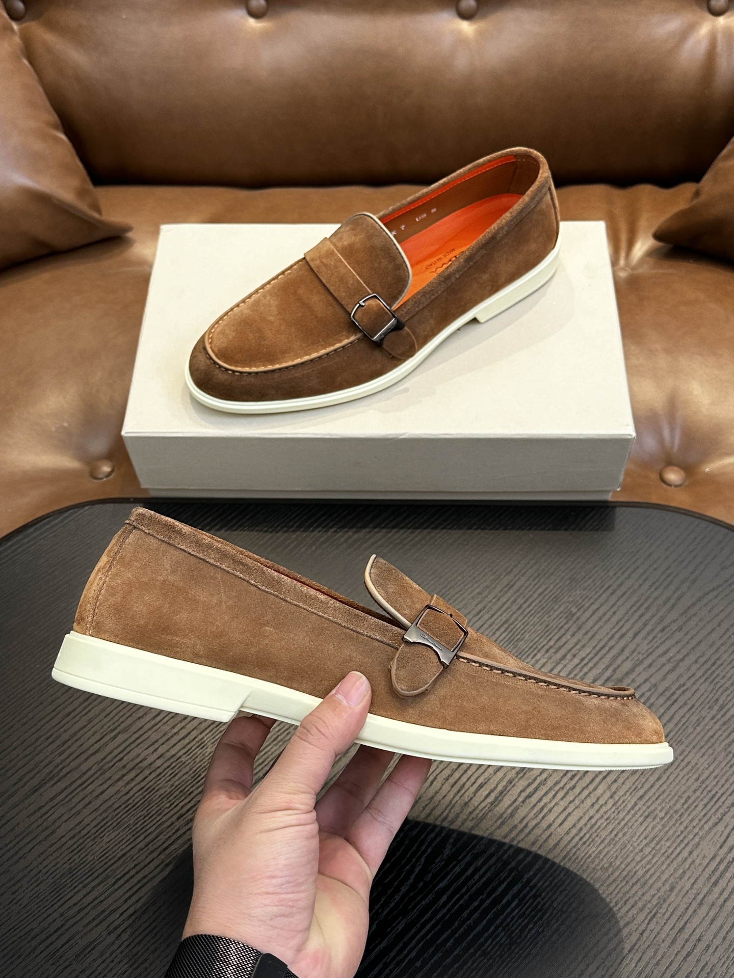Santoni Men's Brown Suede Loafers with Buckle Detail - Handmade in Italy 6 i1738678625 1574 0