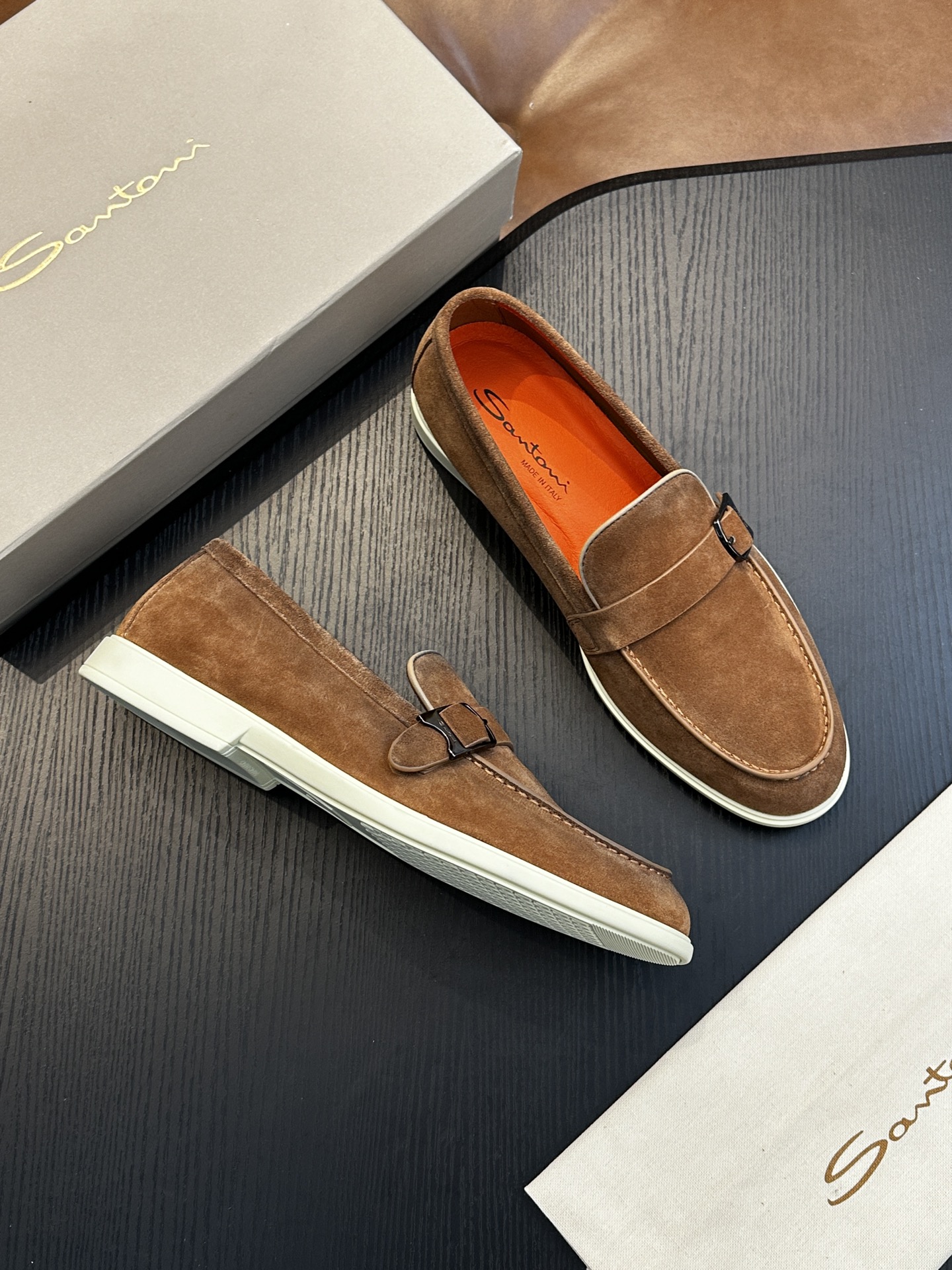 Santoni Men's Brown Suede Loafers with Buckle Detail - Handmade in Italy 5 i1738678625 8198 0