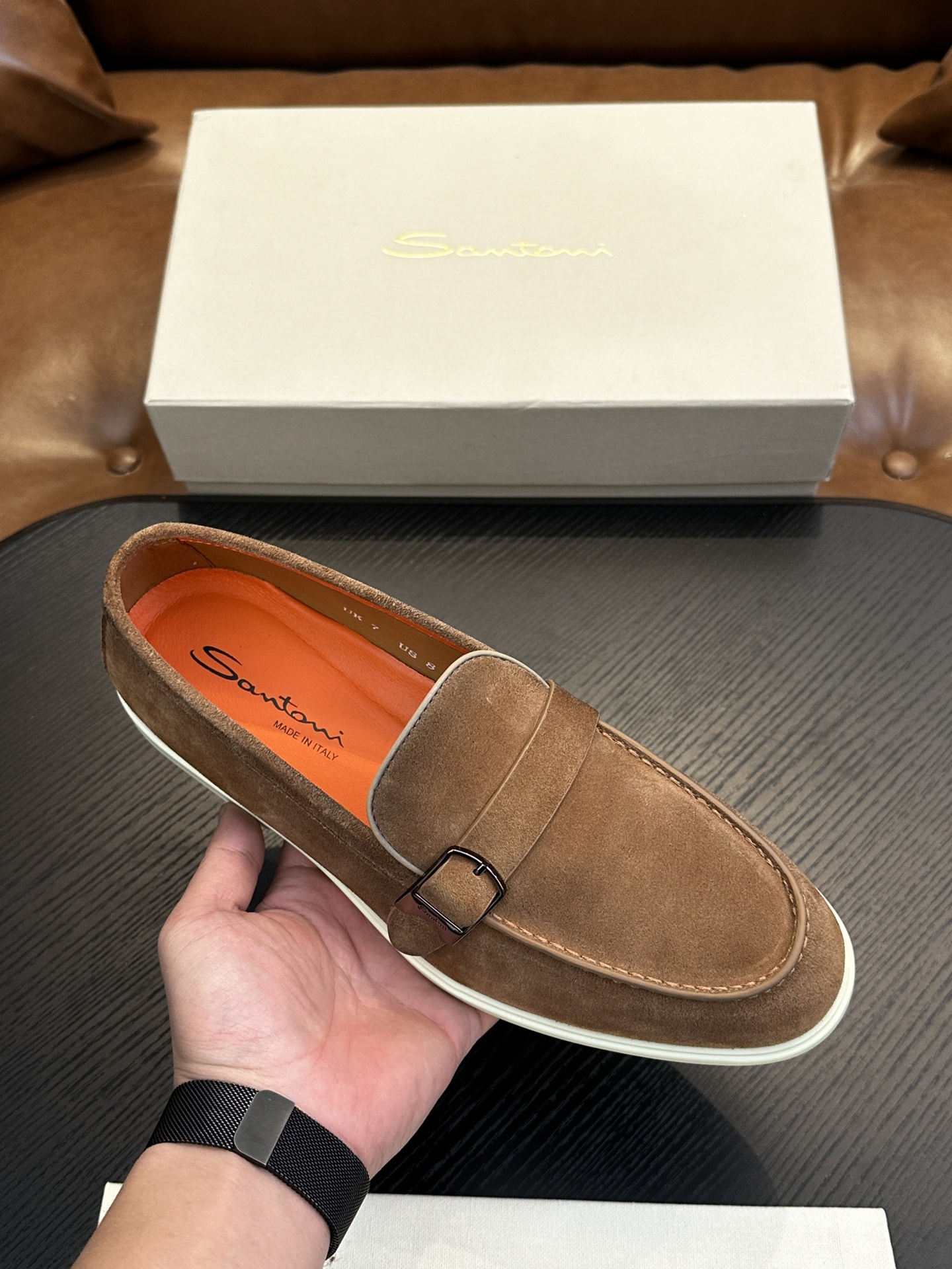 Santoni Men's Brown Suede Loafers with Buckle Detail - Handmade in Italy 3 i1738678625 8941 0