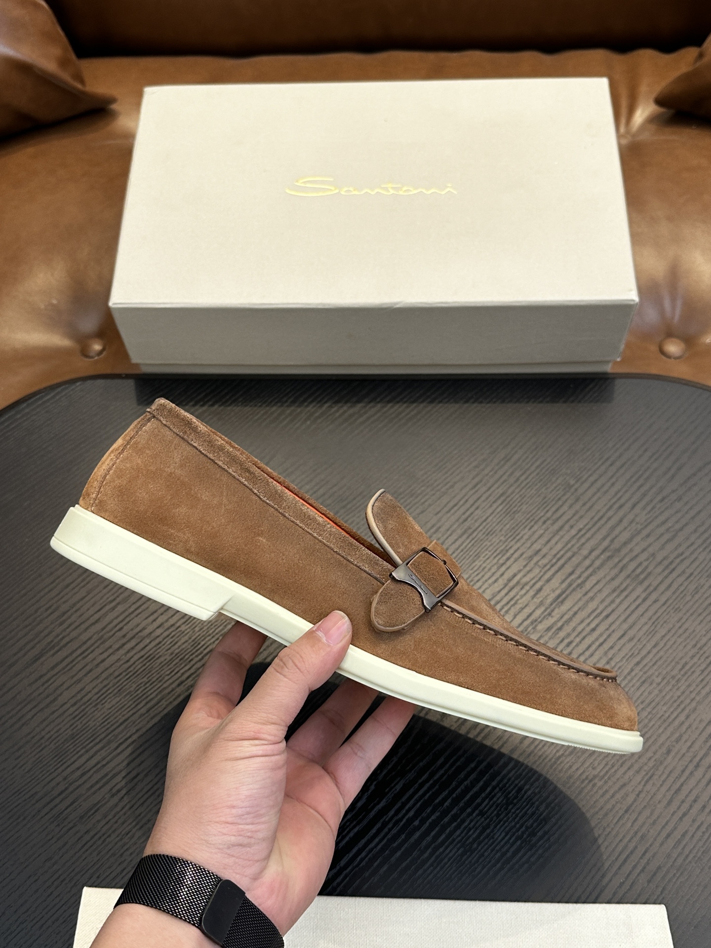Santoni Men's Brown Suede Loafers with Buckle Detail - Handmade in Italy 2 i1738678625 9309 0