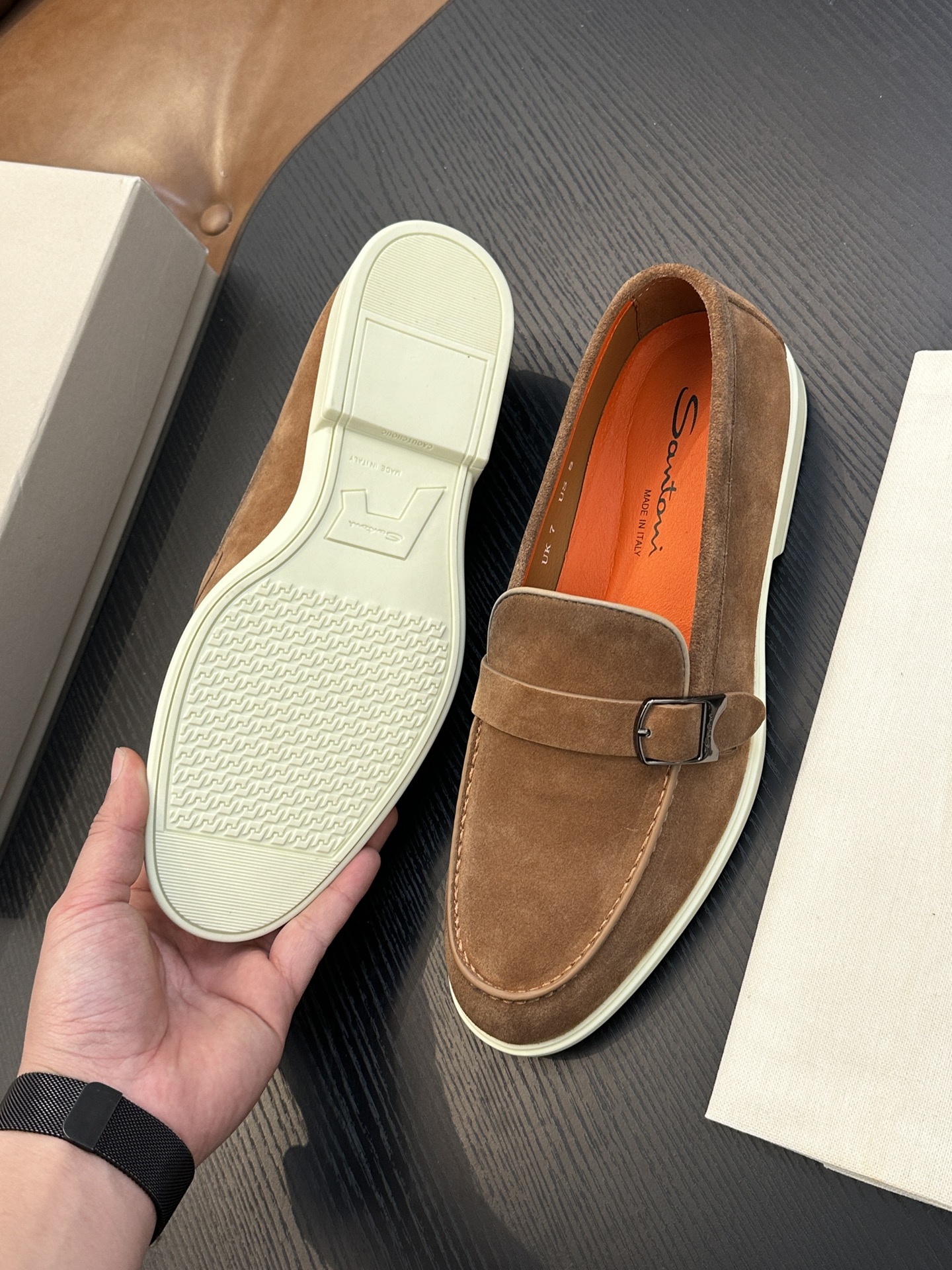 Santoni Men's Brown Suede Loafers with Buckle Detail - Handmade in Italy 10 i1738678625 9837 0