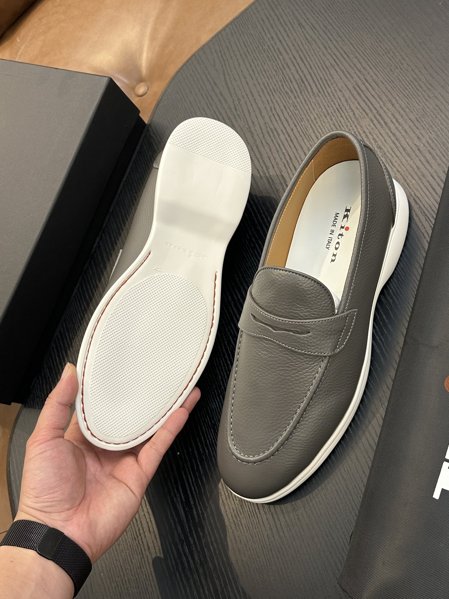 Kiton Men's Gray Leather Penny Loafers Comfortable Breathable Shoes Size 39-44 10 i1743358918 5111 2