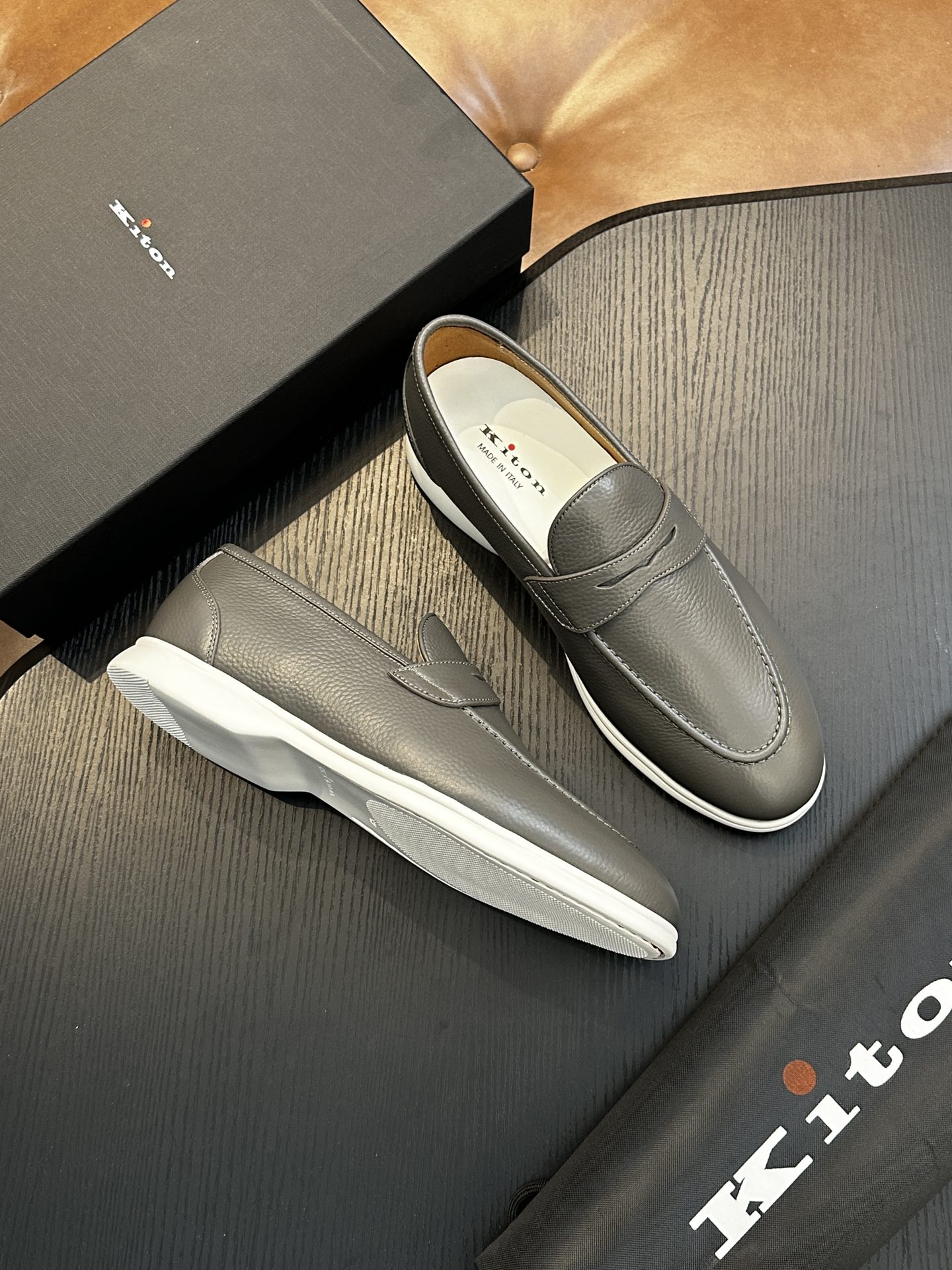 Kiton Men's Gray Leather Penny Loafers Comfortable Breathable Shoes Size 39-44 5 i1743358918 6982 0