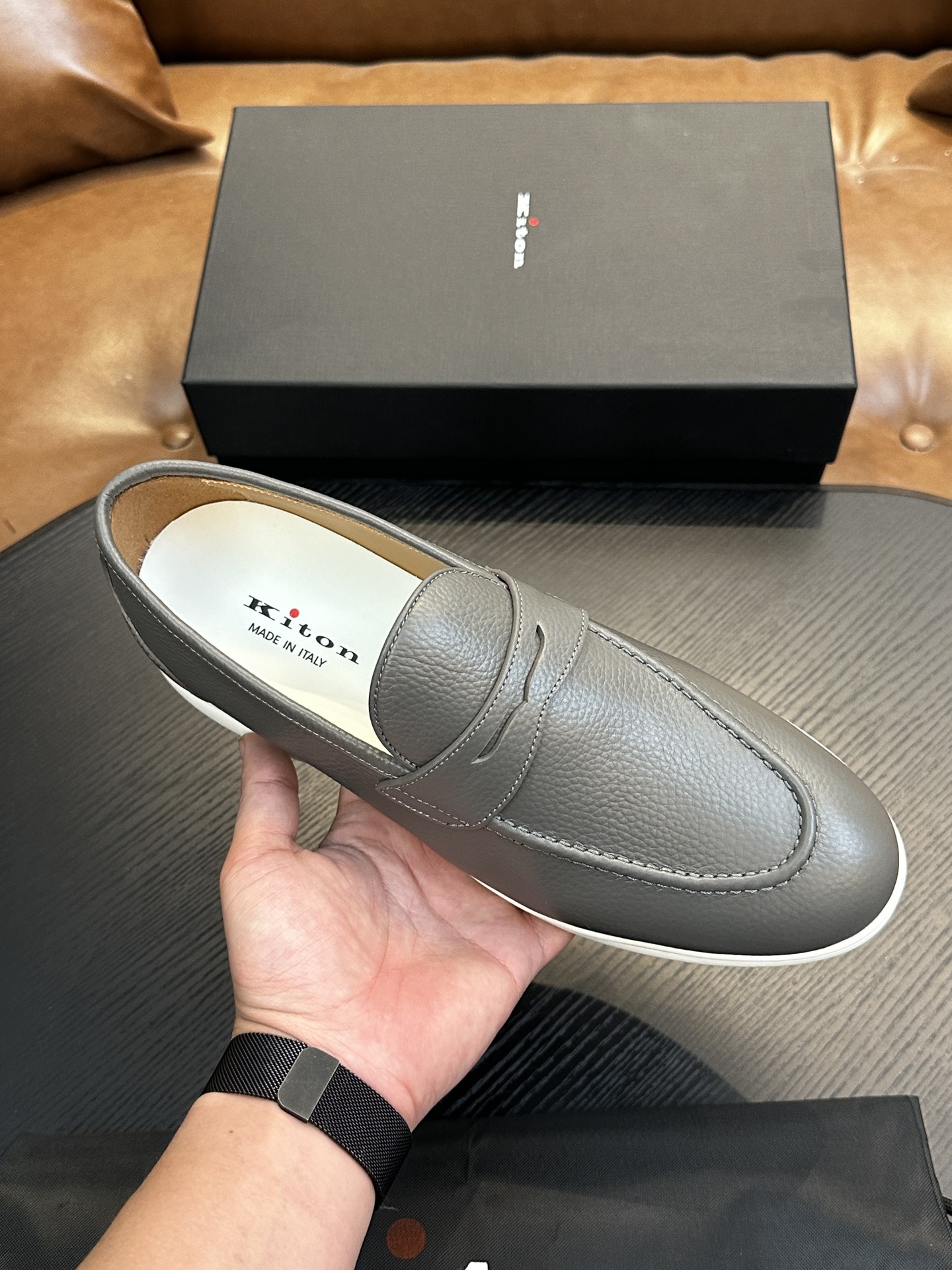 Kiton Men's Gray Leather Penny Loafers Comfortable Breathable Shoes Size 39-44 3 i1743358918 7284 5