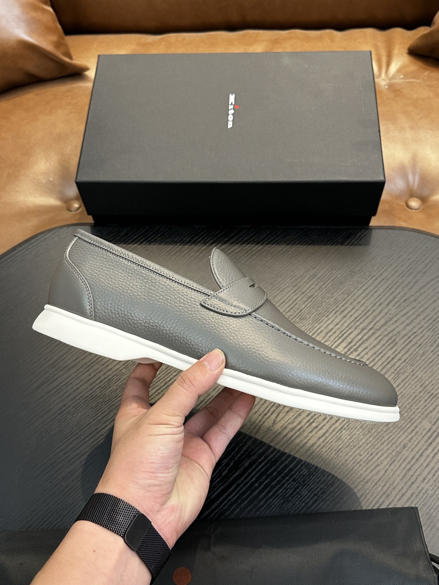 Kiton Men's Gray Leather Penny Loafers Comfortable Breathable Shoes Size 39-44 2 i1743358918 7500 1