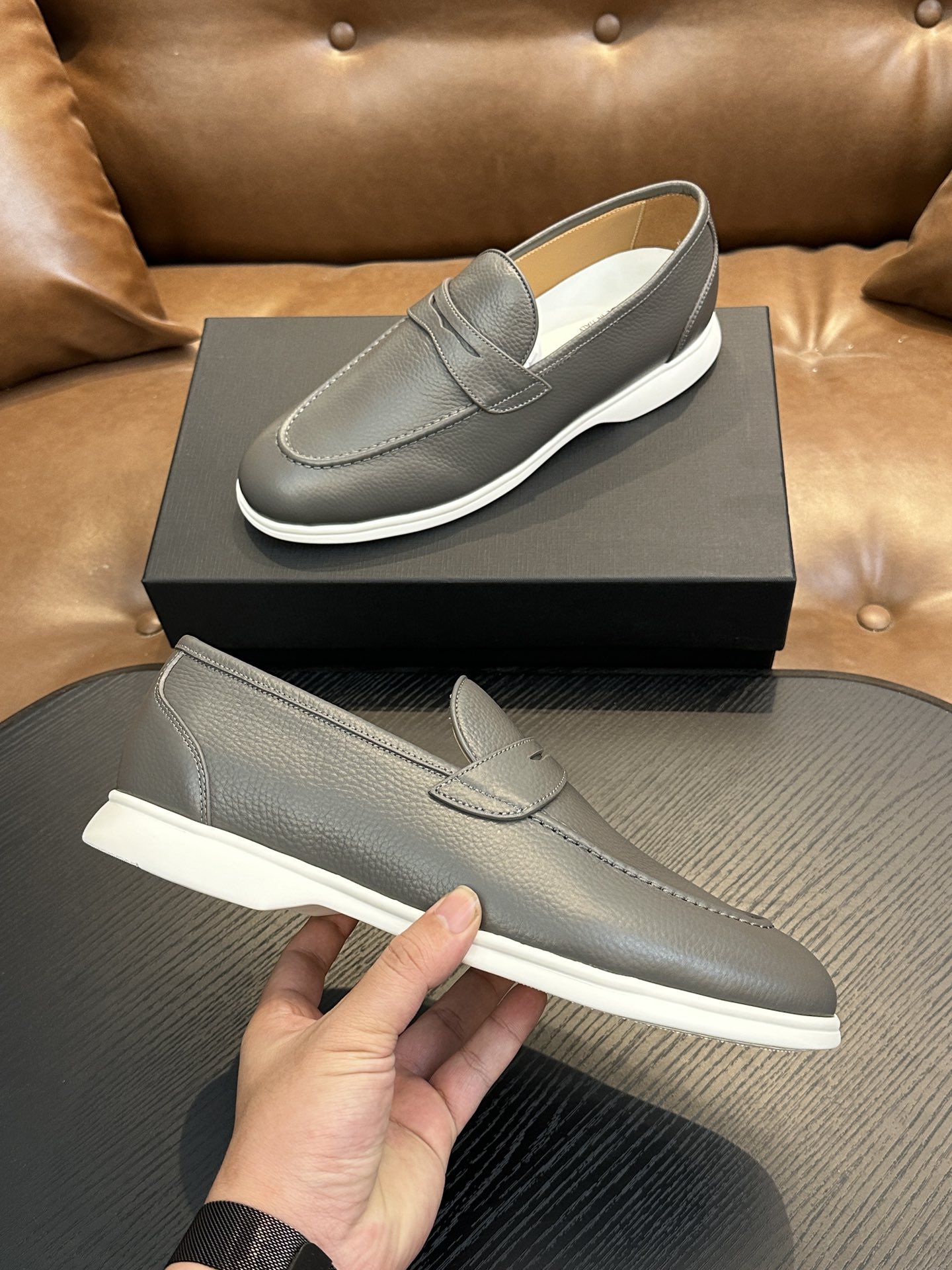 Kiton Men's Gray Leather Penny Loafers Comfortable Breathable Shoes Size 39-44 6 i1743358918 8198 4