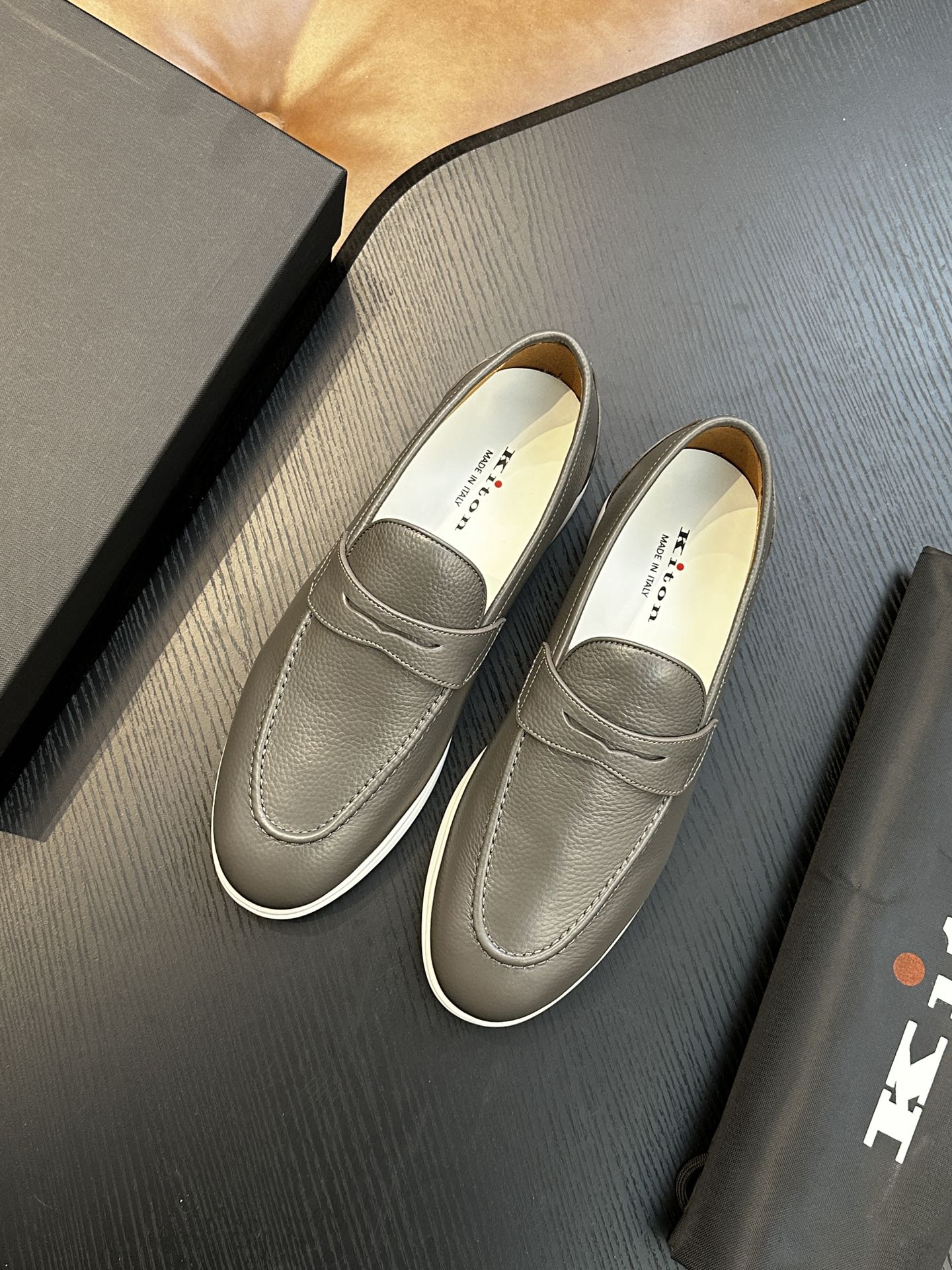 Kiton Men's Gray Leather Penny Loafers Comfortable Breathable Shoes Size 39-44 4 i1743358918 8559 3