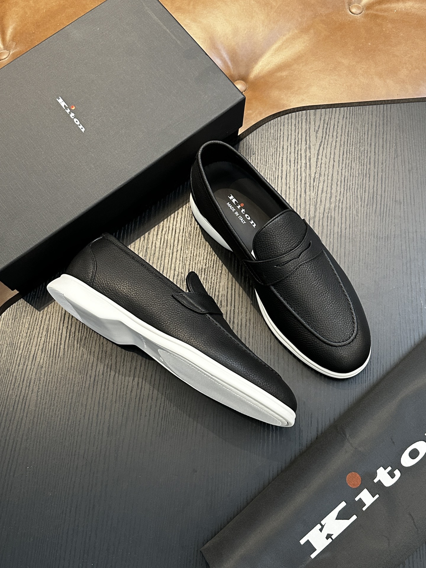 Kiton Men's Black Leather Loafers - Comfortable & Breathable Italian Design 5 i1743358941 8149 0