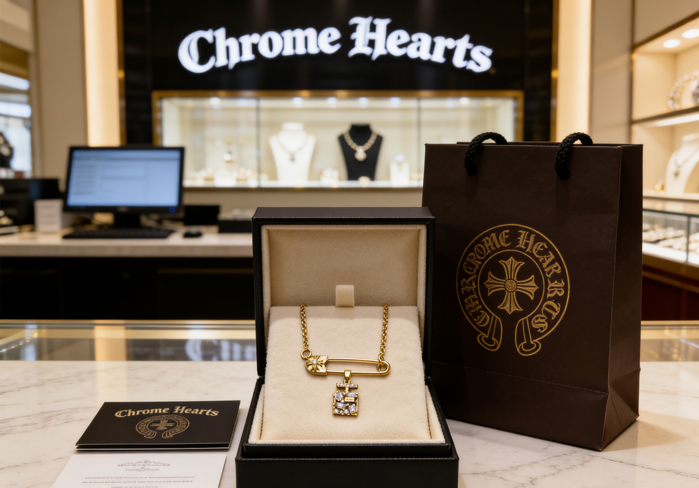 Chrome Hearts 克罗心镀金带钻别针项链成功狙击我的审美 刚拆封 它沉甸甸的分量就带来十足高级感 项链采用高品质镀金工艺