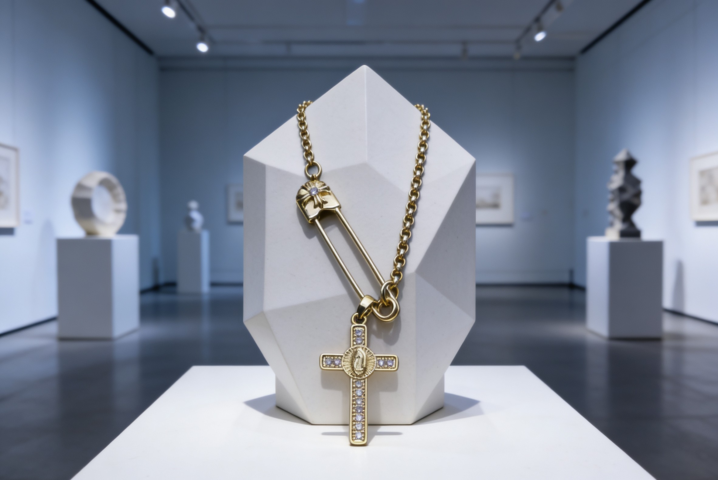 Chrome Hearts 克罗心镀金带钻别针项链成功狙击我的审美 刚拆封 它沉甸甸的分量就带来十足高级感 项链采用高品质镀金工艺