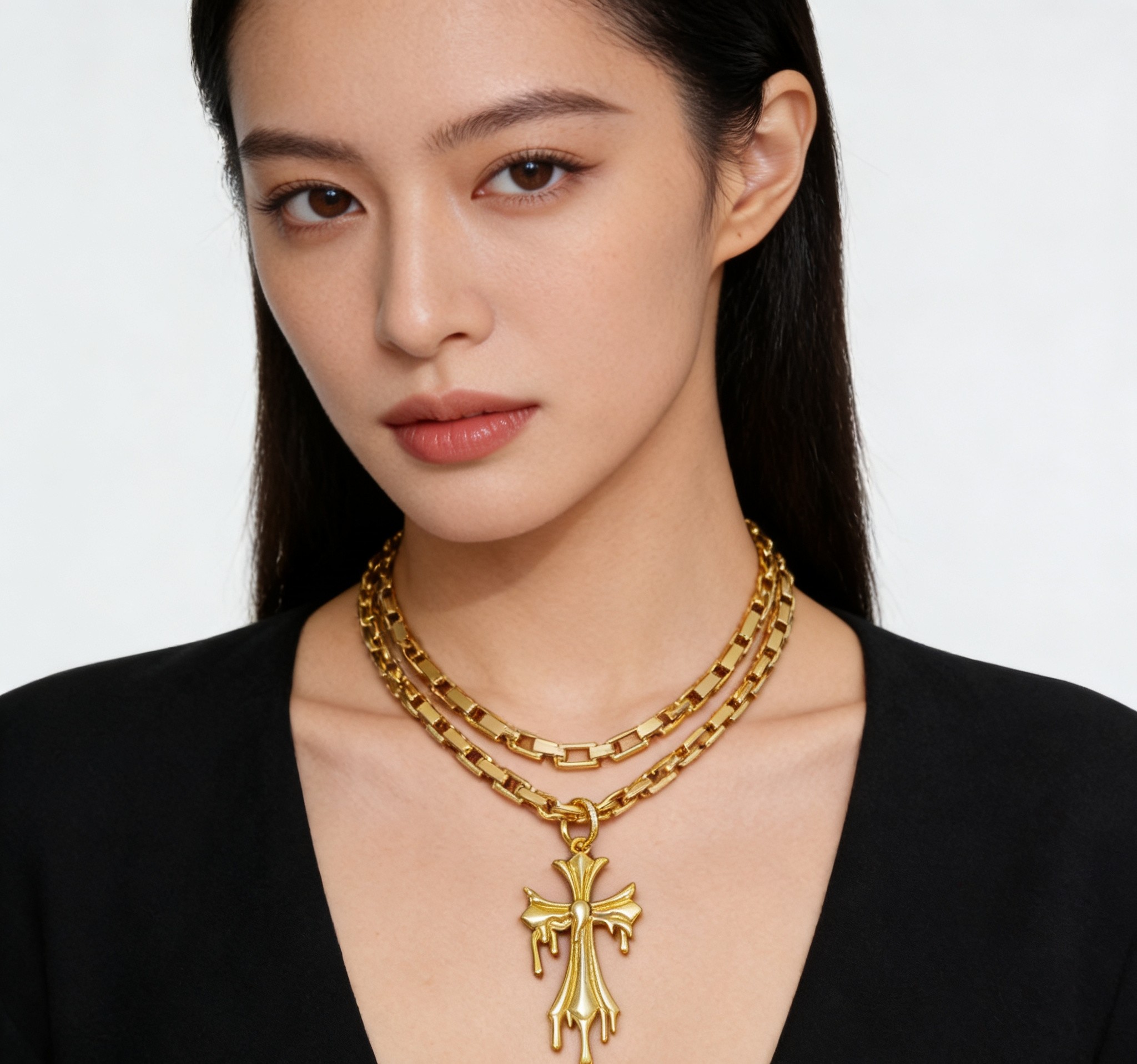 Chrome Hearts 2026 推荐𝐂𝐡𝐫𝐨𝐦𝐞 𝐡𝐞𝐚𝐫𝐭𝐬 克罗心项链 ，黄金色熔岩水滴十字架吊坠