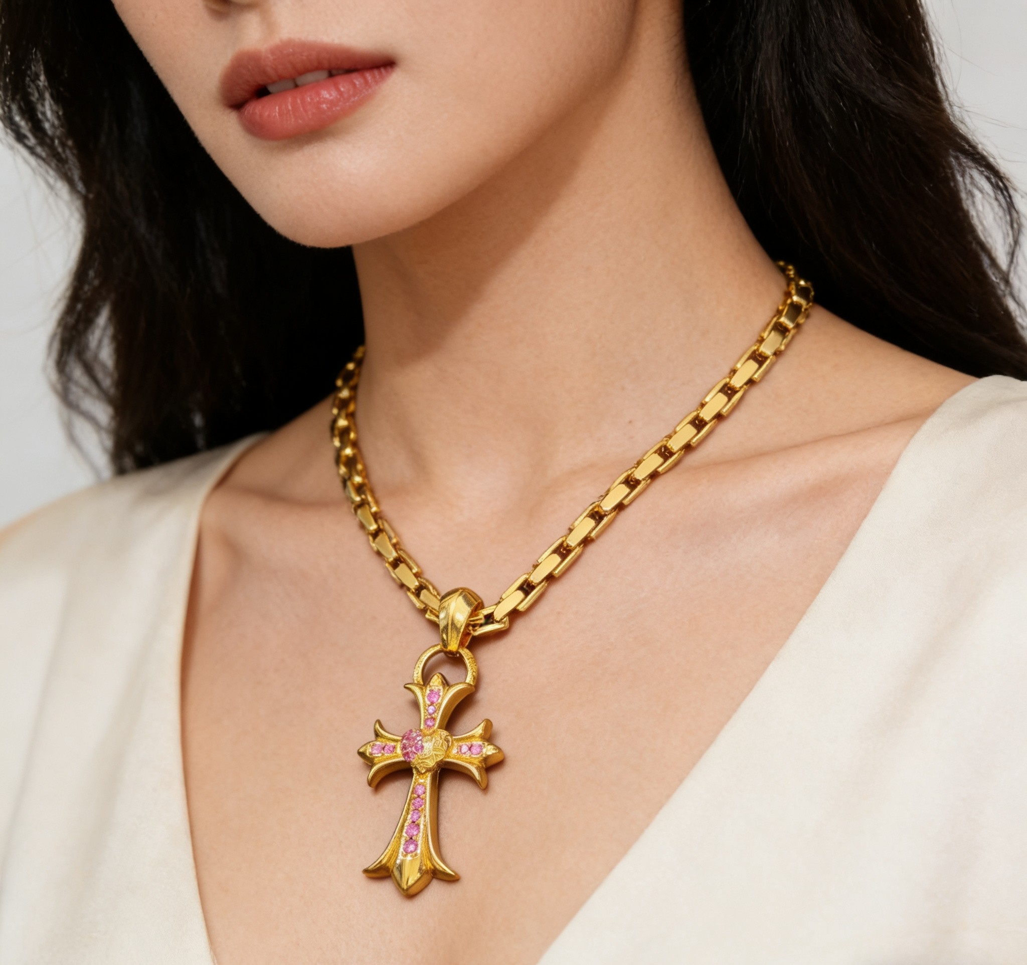 Chrome Hearts 2026 推荐 𝐂𝐡𝐫𝐨𝐦𝐞 𝐡𝐞𝐚𝐫𝐭𝐬 克罗心项链 ，黄金色粉钻熔岩十字架吊坠