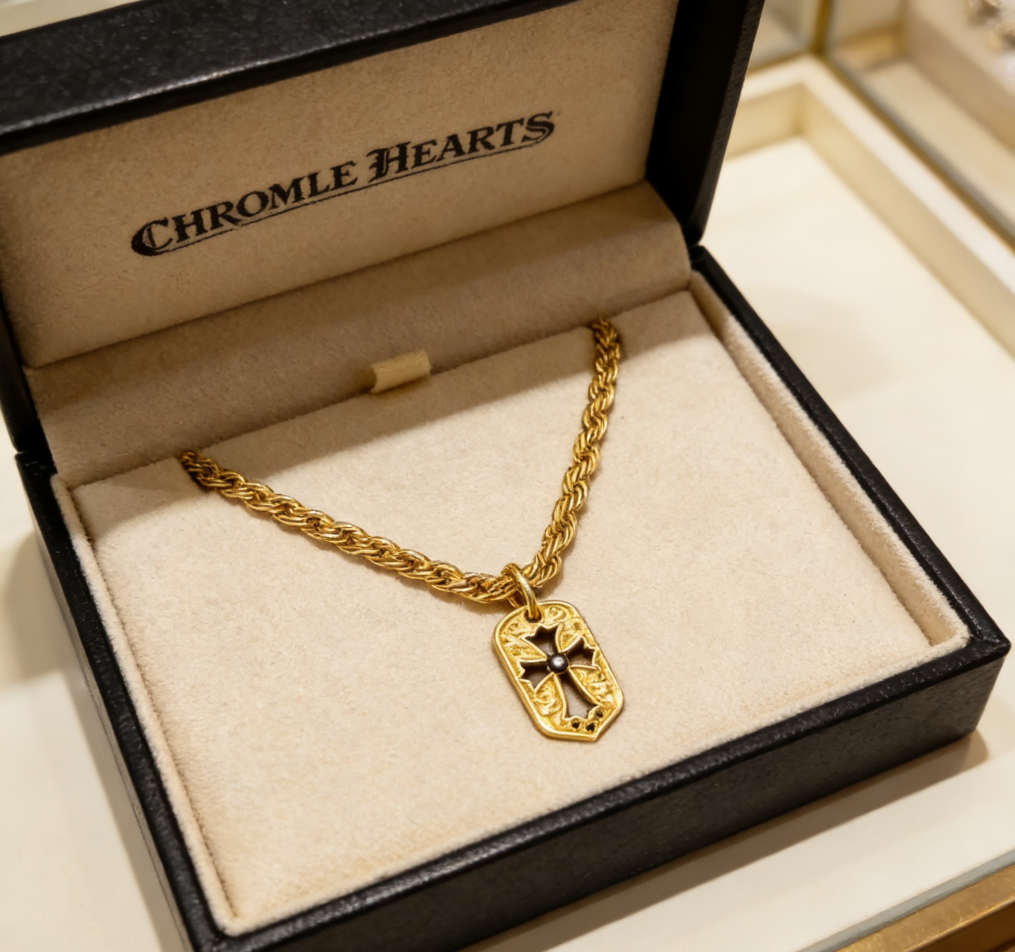 Chrome Hearts 2026 推荐𝐂𝐡𝐫𝐨𝐦𝐞 𝐡𝐞𝐚𝐫𝐭𝐬 克罗心项链 ，黑金十字方牌吊坠