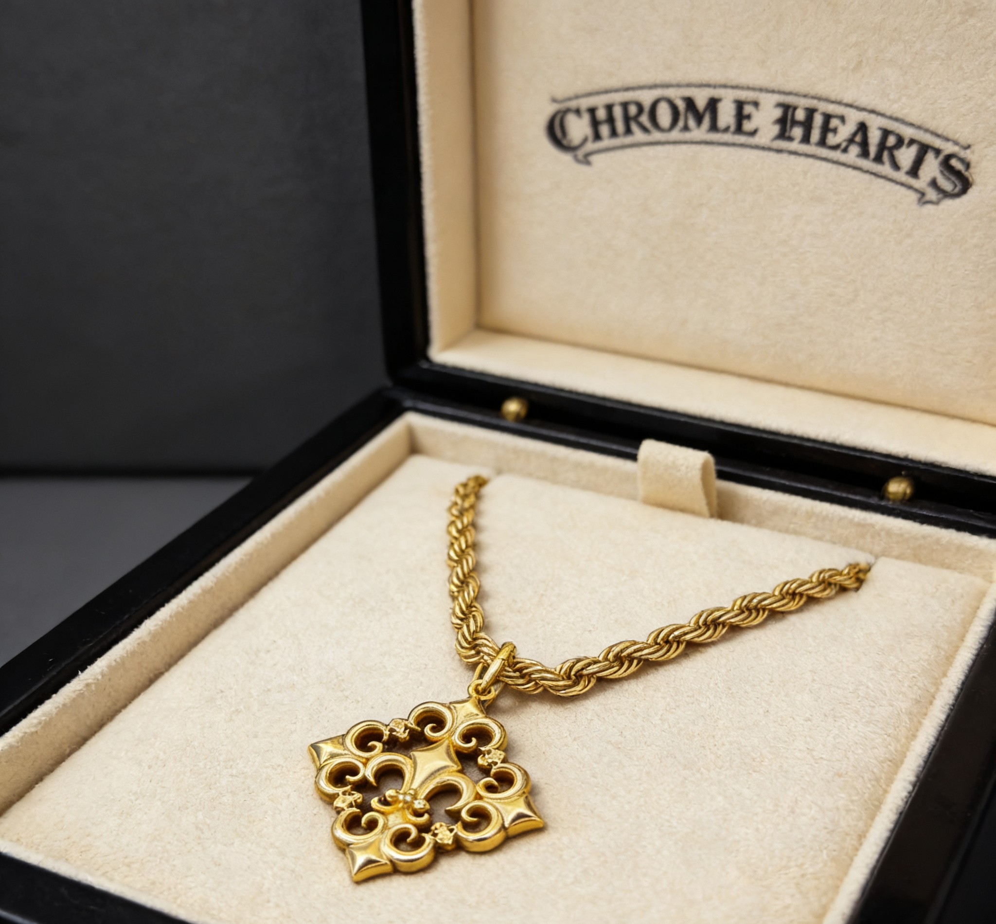 Chrome Hearts 2026 推荐𝐂𝐡𝐫𝐨𝐦𝐞 𝐡𝐞𝐚𝐫𝐭𝐬 克罗心项链 ，金色镂空童军花方牌吊坠