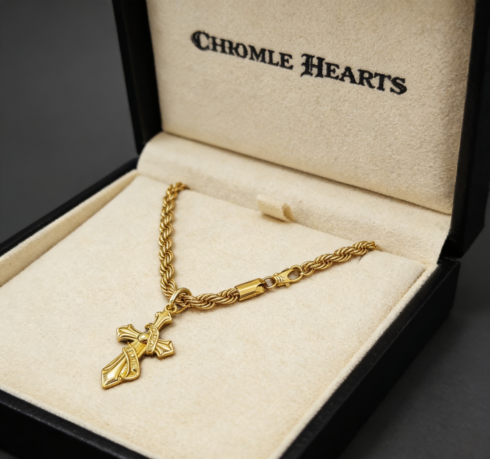 Chrome Hearts 2026 推荐𝐂𝐡𝐫𝐨𝐦𝐞 𝐡𝐞𝐚𝐫𝐭𝐬 克罗心项链 ，金色缠绕圣剑十字架吊坠