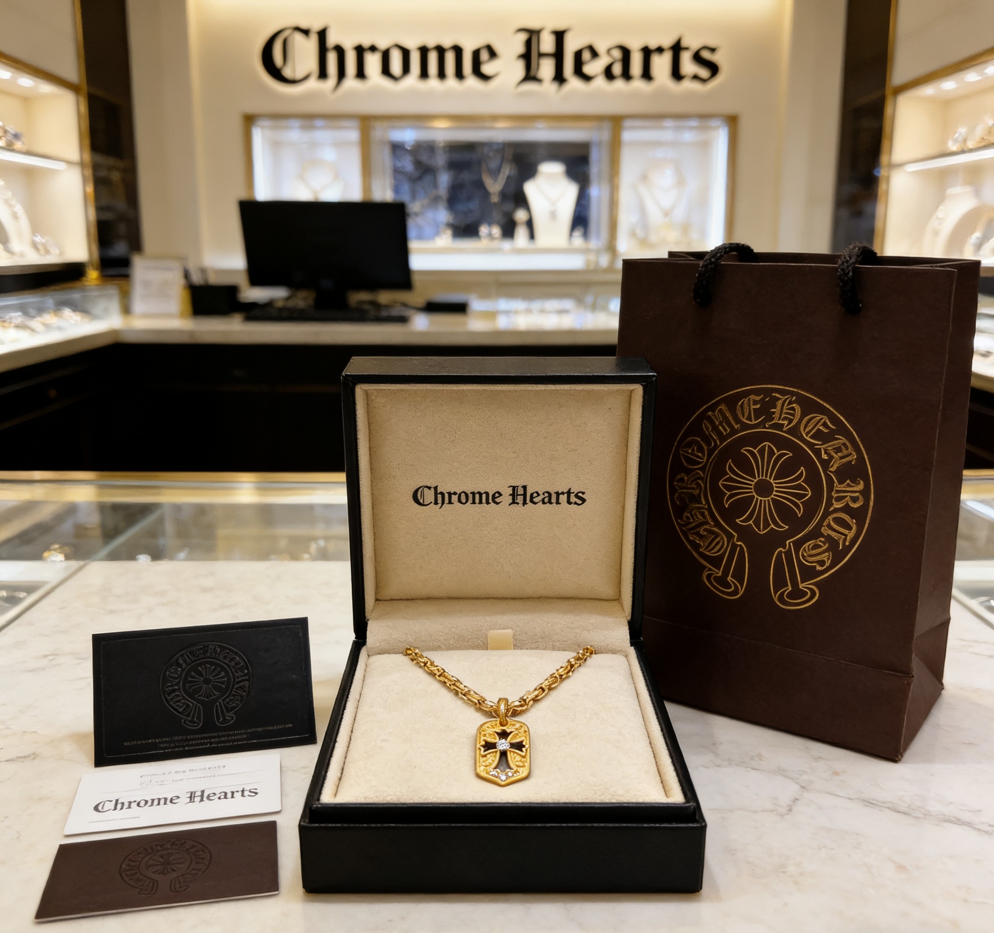Chrome Hearts 2026 推荐𝐂𝐡𝐫𝐨𝐦𝐞 𝐡𝐞𝐚𝐫𝐭𝐬 克罗心项链 ，白钻十字方牌吊坠