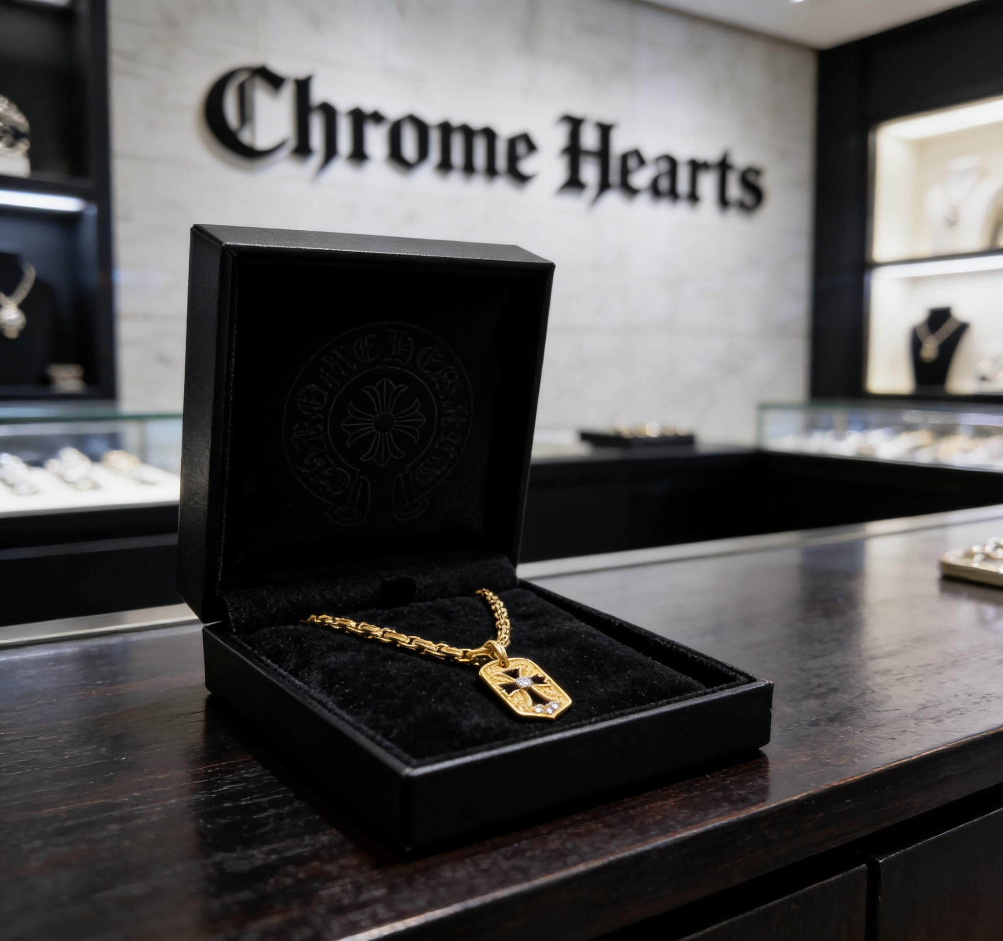 Chrome Hearts 2026 推荐𝐂𝐡𝐫𝐨𝐦𝐞 𝐡𝐞𝐚𝐫𝐭𝐬 克罗心项链 ，白钻十字方牌吊坠