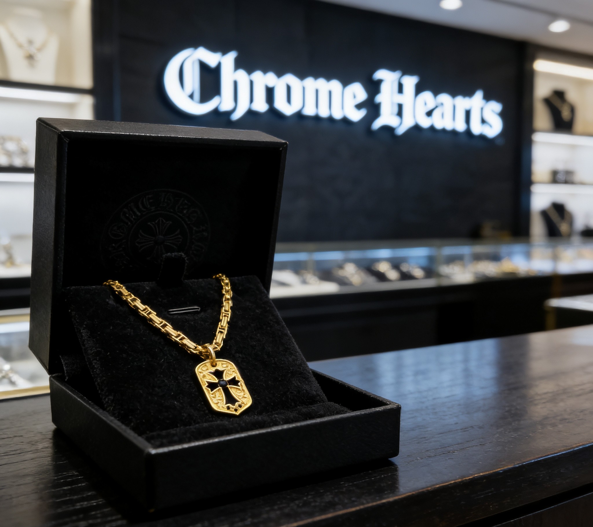 Chrome Hearts 2026 推荐𝐂𝐡𝐫𝐨𝐦𝐞 𝐡𝐞𝐚𝐫𝐭𝐬 克罗心项链 ，黑钻镂空十字军牌回形链